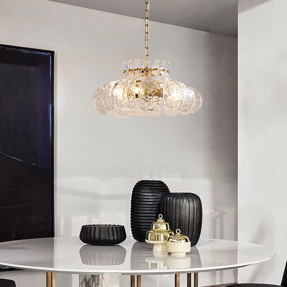 Modern Pear Glass Chandelier featuring a luxurious design with a gold chain and full copper structure, measuring 19.7 inches, elegantly illuminating a contemporary interior space.