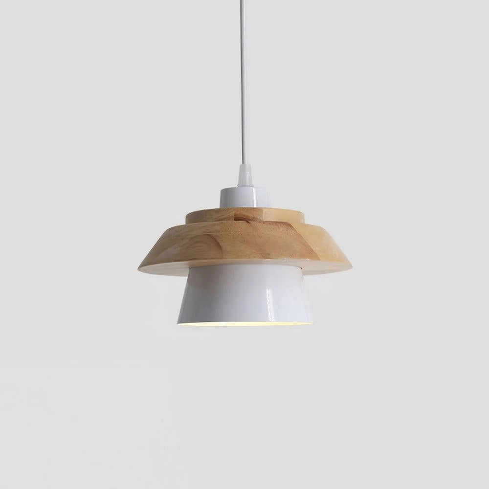 Modern Scandinavian black pendant lamp with a wooden accent, designed for kitchen use, featuring a sleek metal finish and a stylish lampshade hanging from the ceiling.