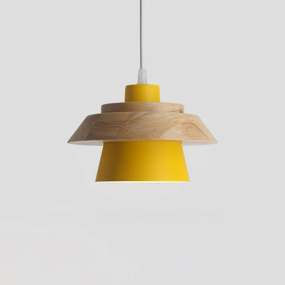 Modern Scandinavian black pendant lamp with a triangular cone shape, featuring a wood accent, suitable for kitchens; hangs as a ceiling fixture.