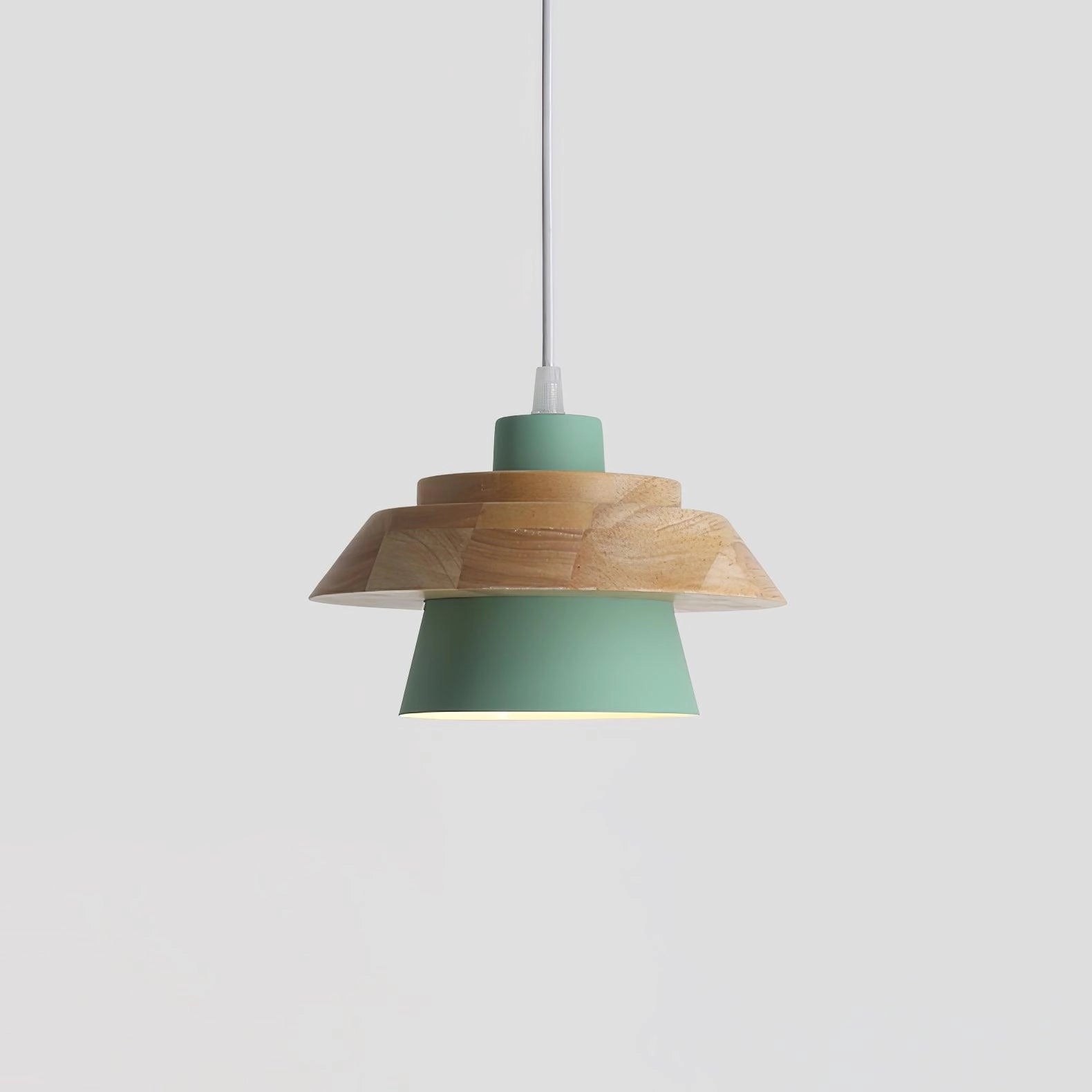 Modern Scandinavian black pendant lamp with a wood accent, showcasing a sleek and minimalist design suitable for kitchens, featuring natural materials and artistic elements.