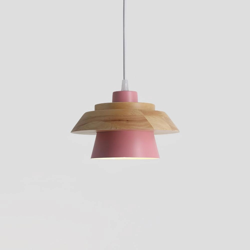 Modern Scandinavian black pendant lamp with a sleek cone design, featuring a wood accent, hanging from a ceiling.