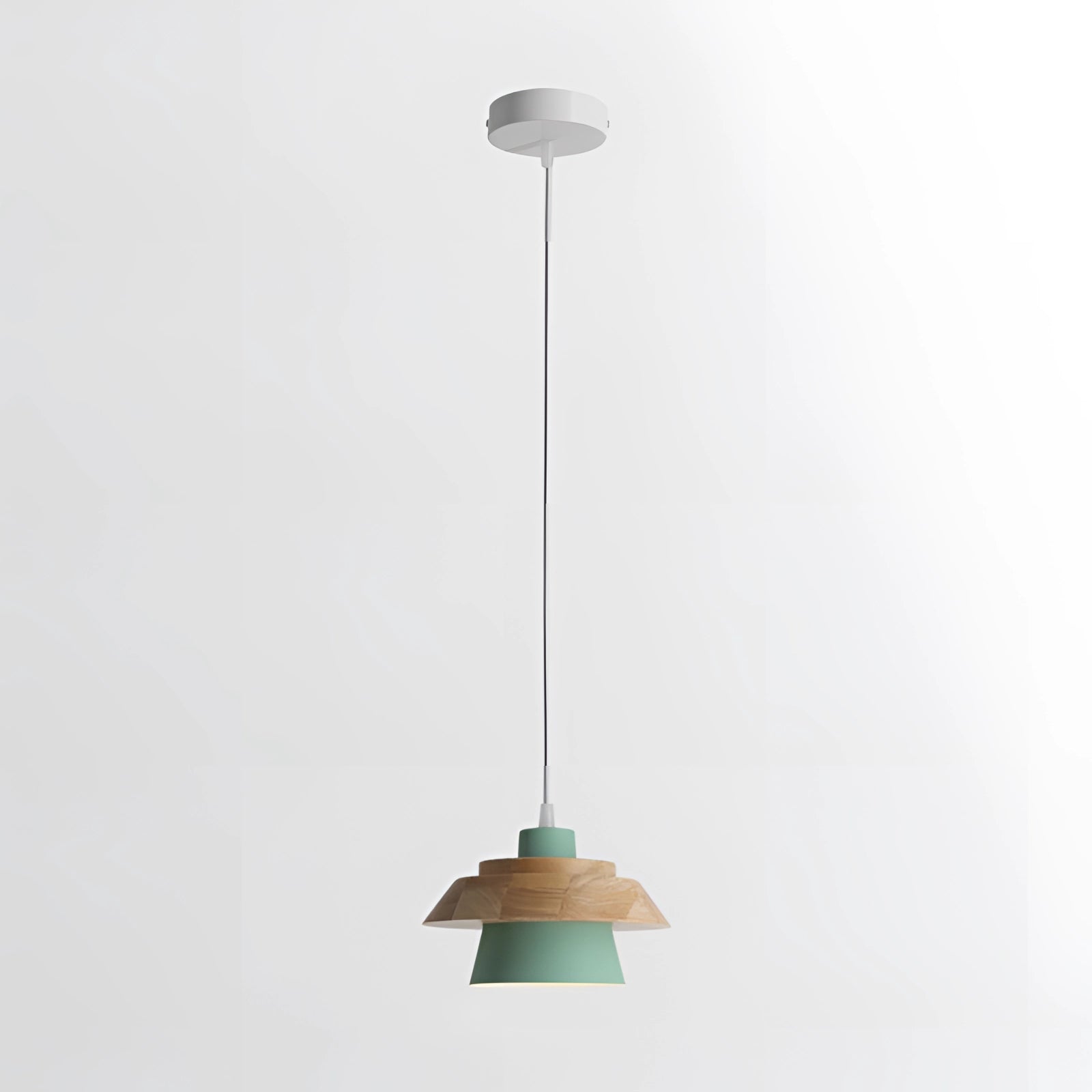Modern Scandinavian black pendant lamp with wood accents and a green finish, featuring a stylish circular lampshade designed for kitchen ceilings.