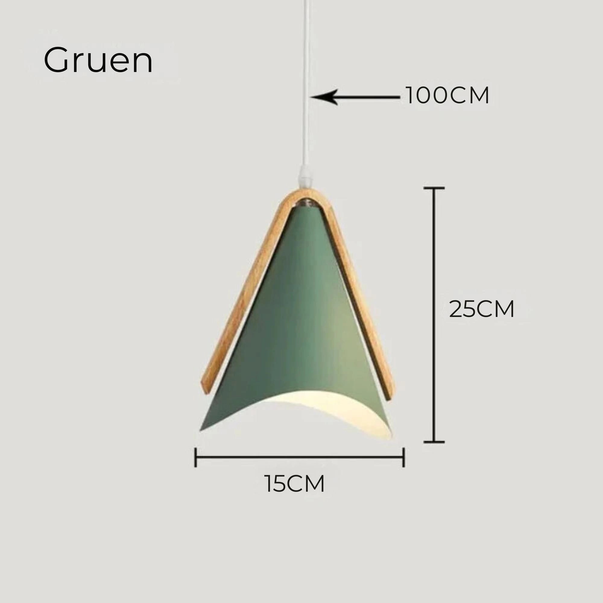 Modern Scandinavian cone pendant light with a green shade hanging from the ceiling, featuring wood accents. The light emits a cold white glow, suitable for kitchen and dining spaces.