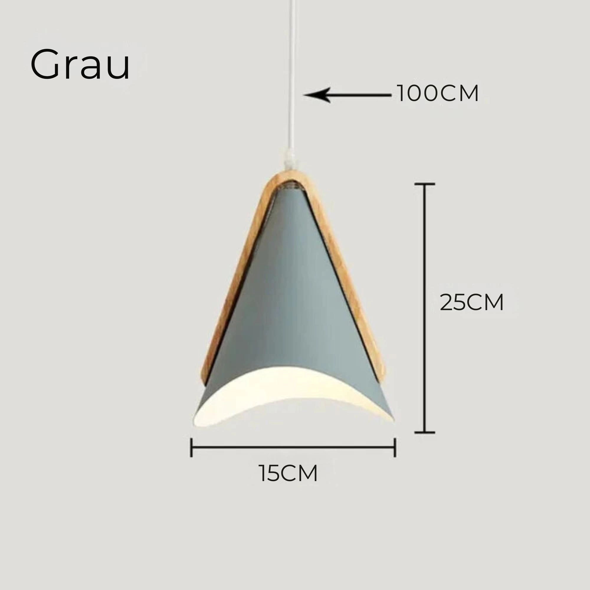 Modern Scandinavian cone pendant light with wood accents in a gray finish, featuring a cold white illumination, suitable for kitchen and dining spaces.