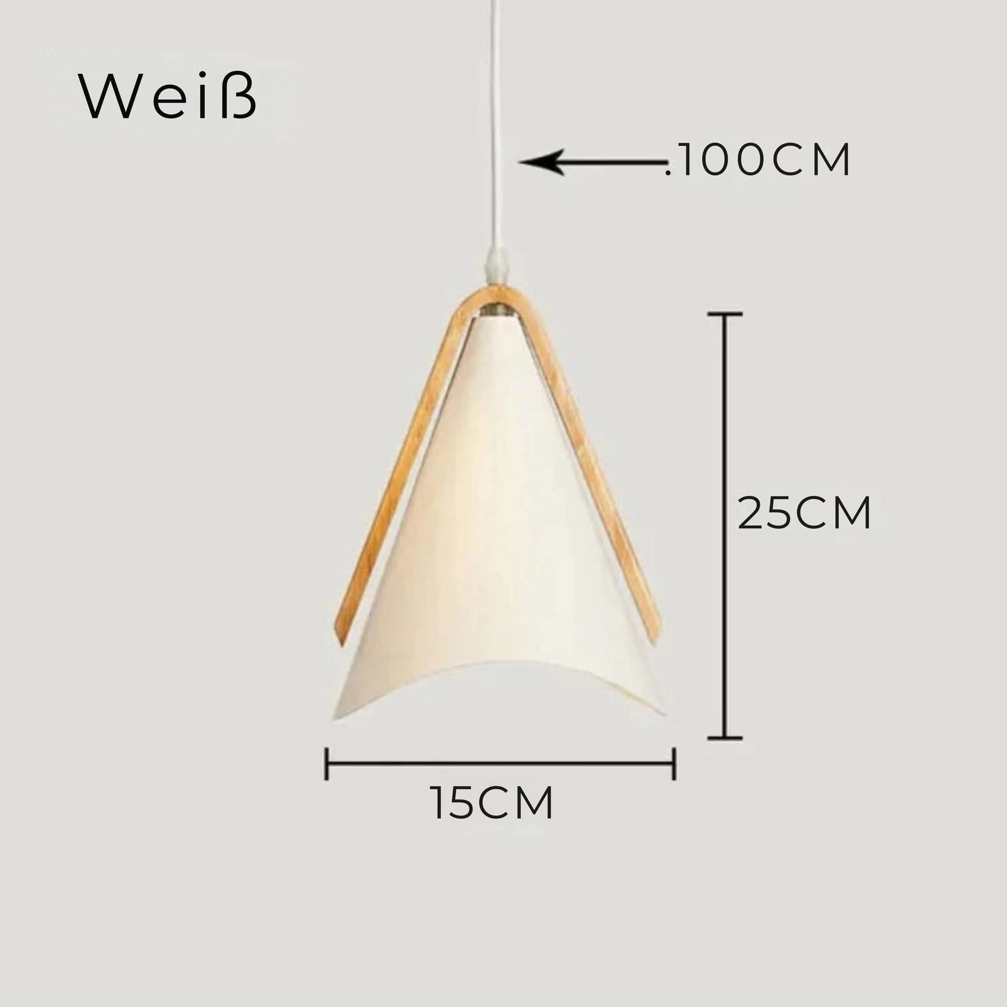 Modern Scandinavian cone pendant light with wood accents, featuring a sleek white finish, hanging from a ceiling.