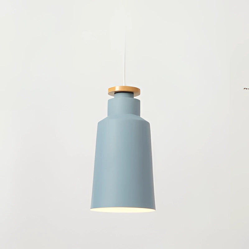 Modern Scandinavian cone-shaped blue pendant light with adjustable height, featuring a sleek metal design and stylish ceiling fixture.
