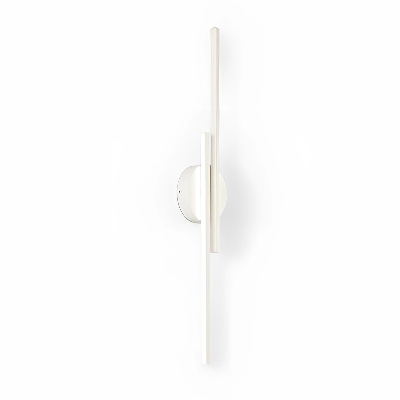 Modern vertical LED wall sconce with a minimalist black circular design, featuring a white finish and emitting a cold white light, suitable for contemporary interiors.