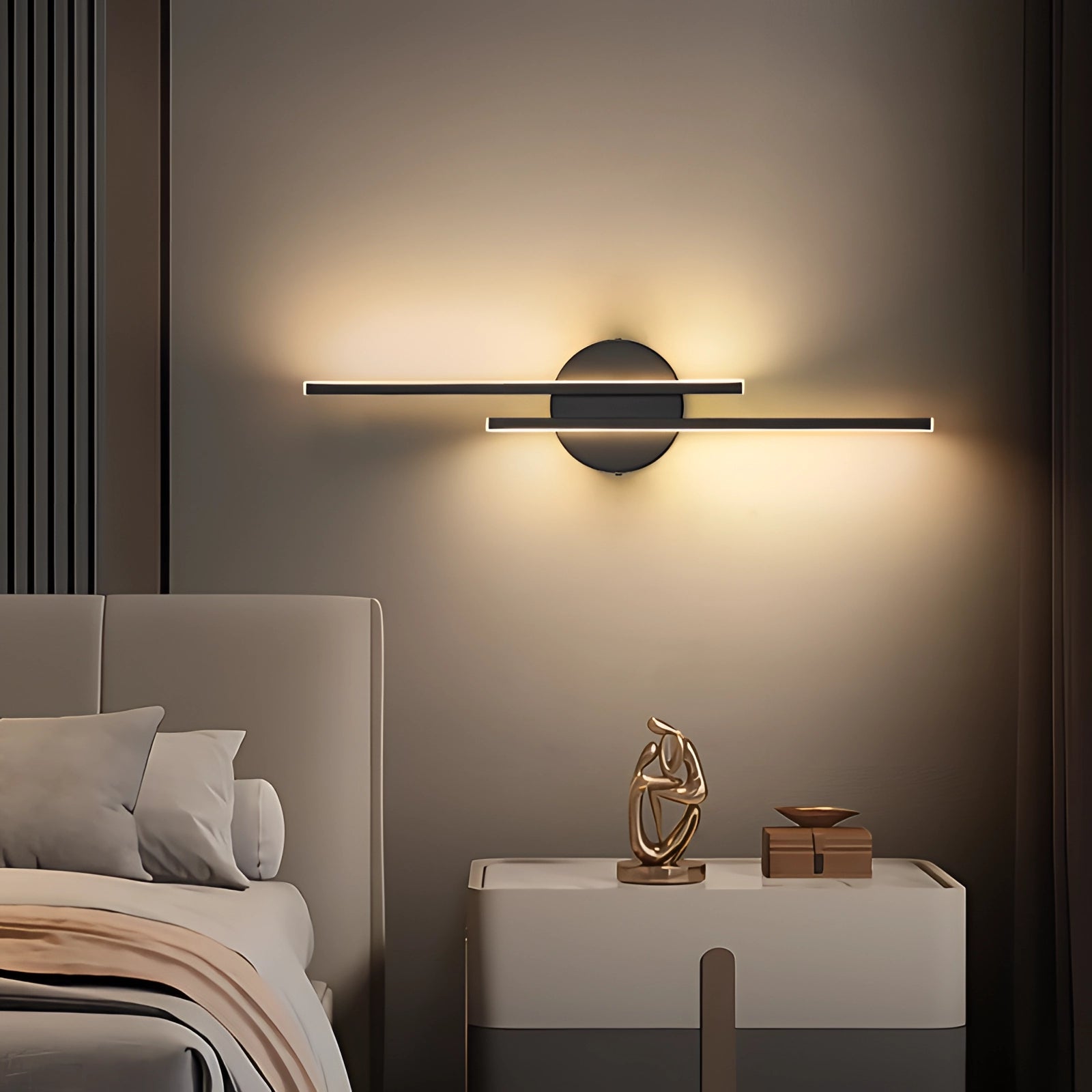 Modern vertical LED wall sconce with a black circular minimalist design mounted on a white wall, enhancing interior design with its sleek lighting and contemporary aesthetic.