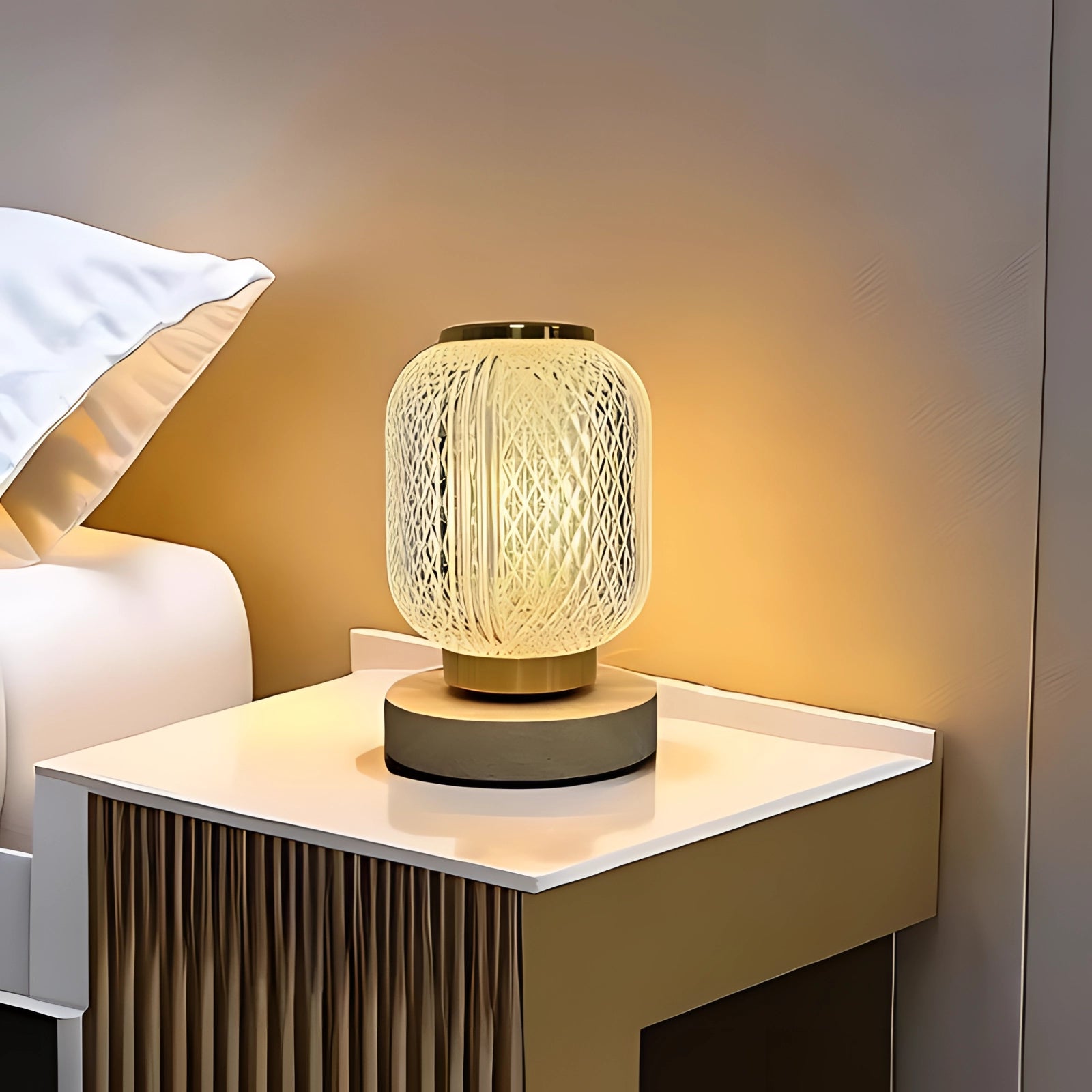 Modern woven bedside lamp with wood accents on a rectangular table, showcasing elegant ambient lighting in an interior bedroom setting.