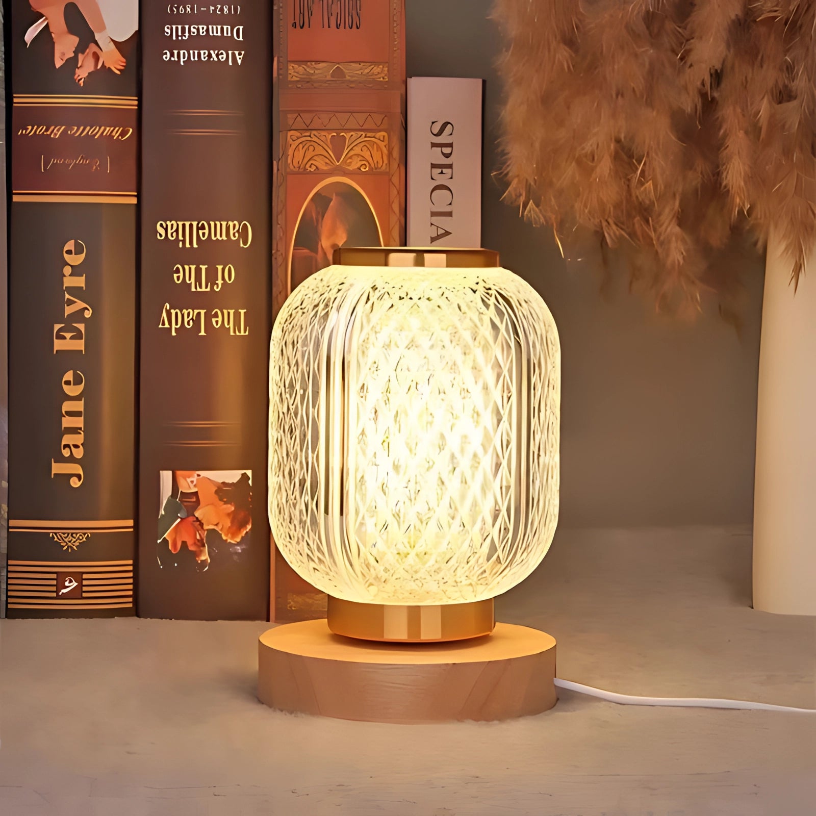 Modern woven bedside lamp with a rectangular shape, featuring a warm amber glow and wooden elements, designed to provide elegant ambient lighting for the bedroom.