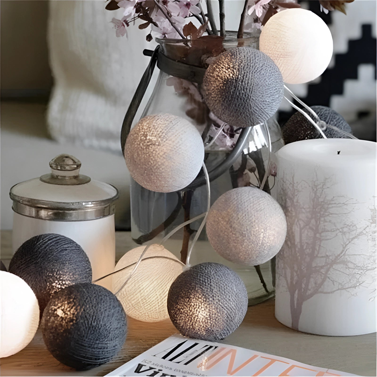 Multicolor Cotton Ball LED String Lights - Boho Decor & Party Lights