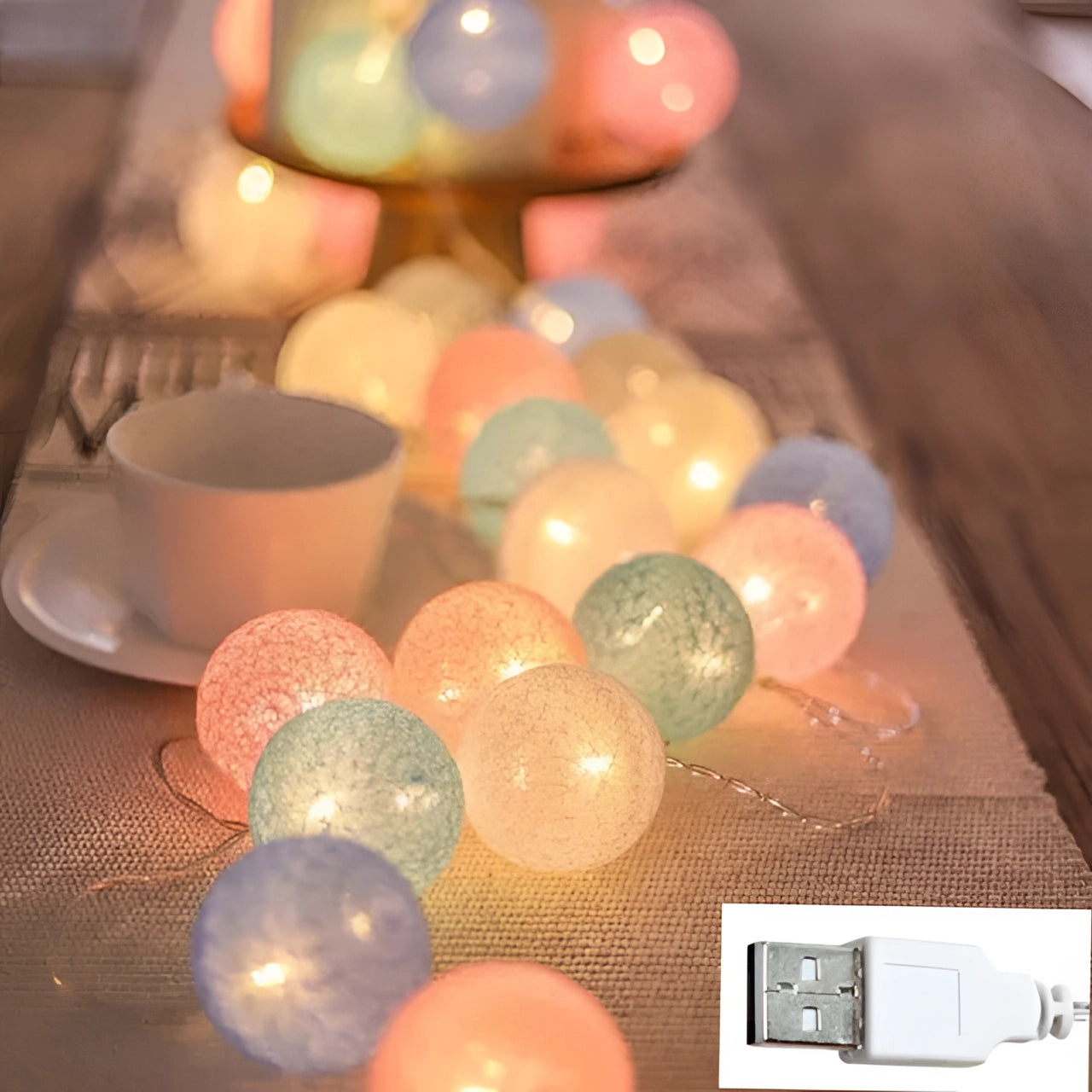 Multicolor Cotton Ball LED String Lights - Boho Decor & Party Lights