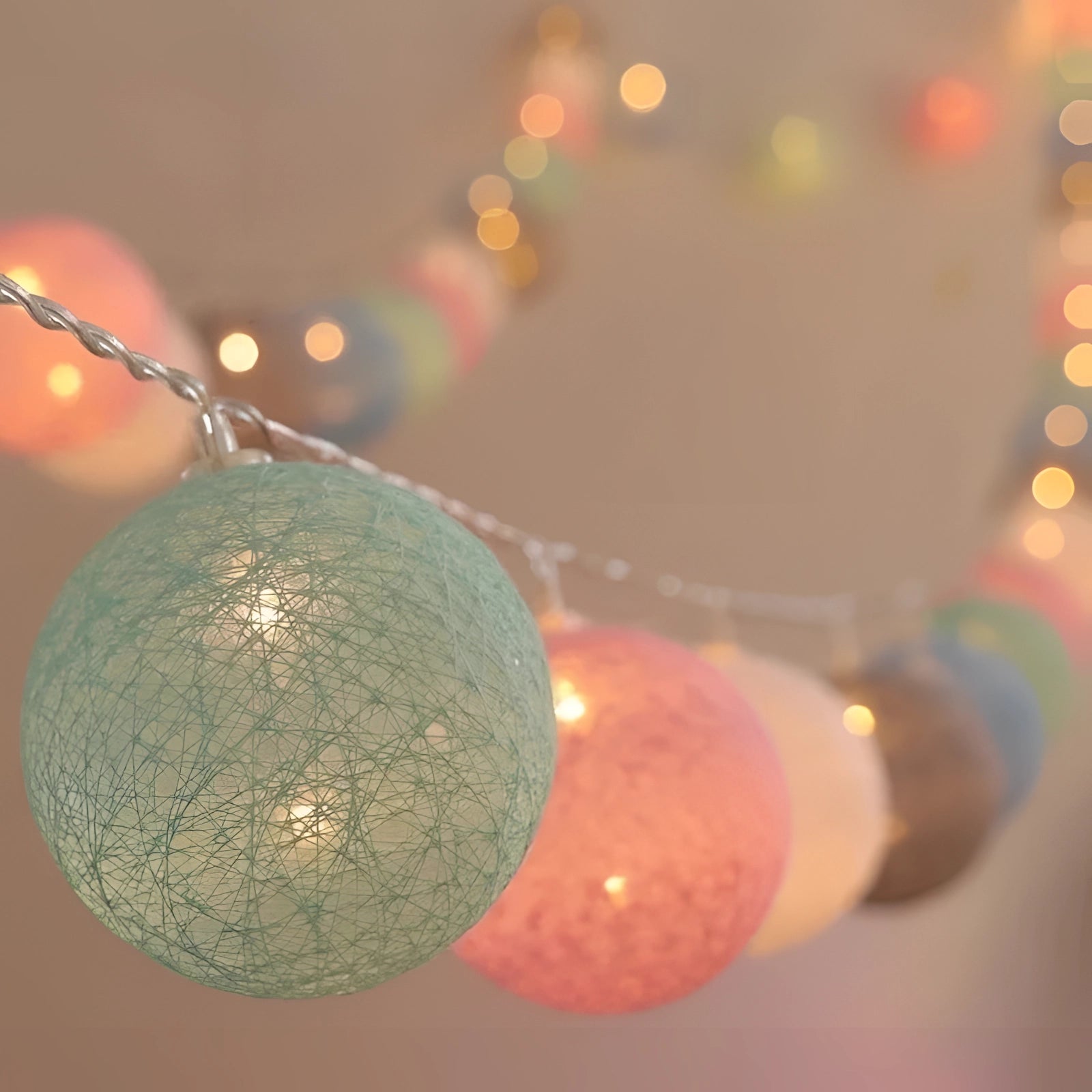 Multicolor Cotton Ball LED String Lights - Boho Decor & Party Lights