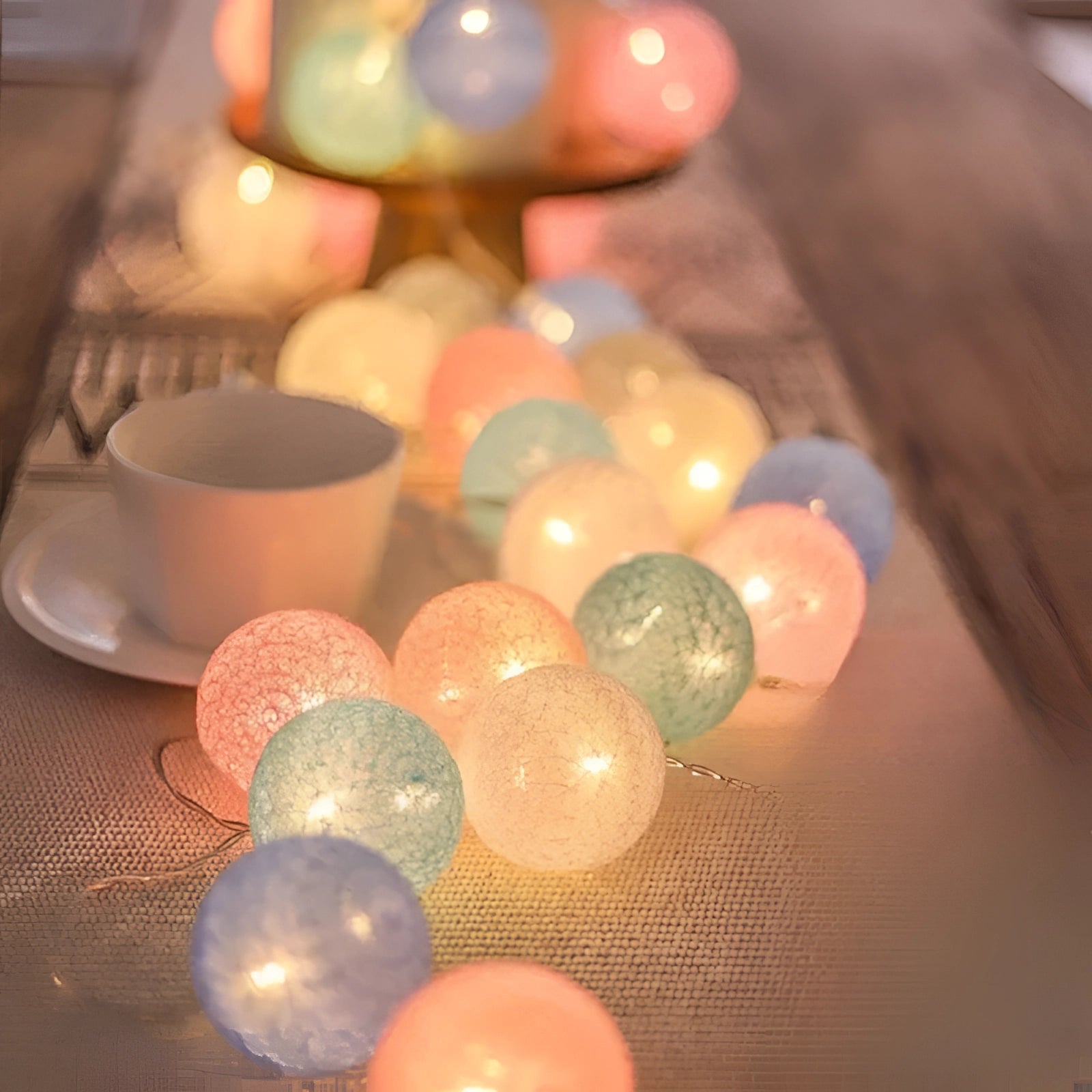 Multicolor Cotton Ball LED String Lights - Boho Decor & Party Lights