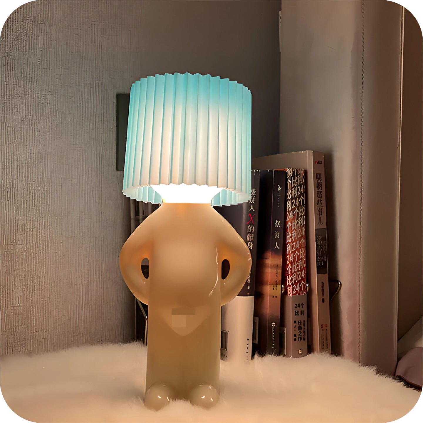 A quirky novelty lamp featuring a human-shaped design with a rectangular beige lampshade and wooden elements, adding a unique designer accent to any space.