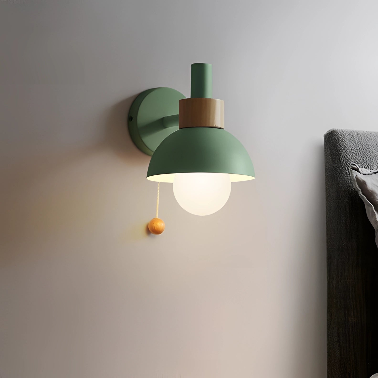 Pastel Scandinavian adjustable wall lamp with minimalist color block design, featuring a wooden accent and circular lampshade.