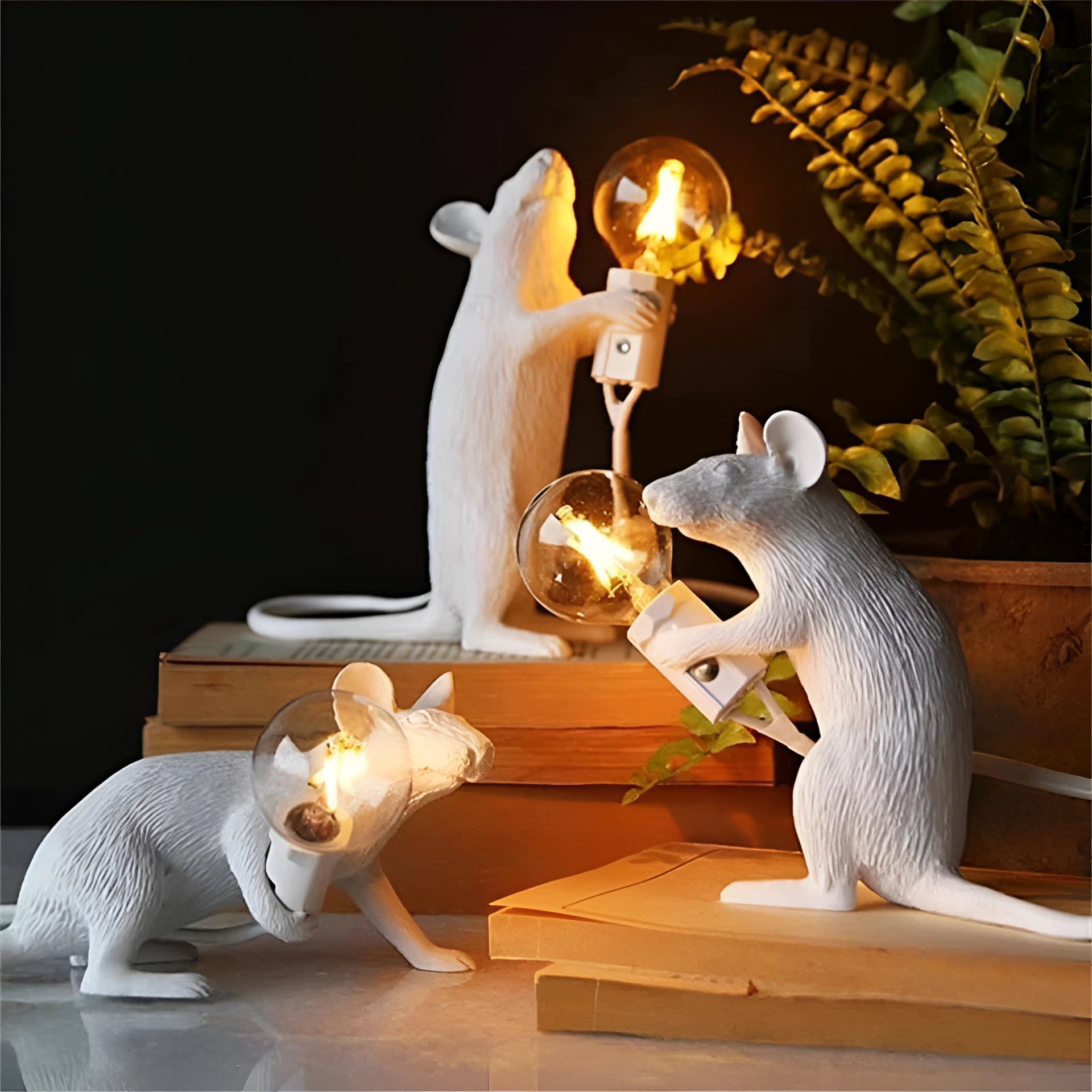 Rat-shaped mouse table lamp designed as a unique animal lighting decor piece, featuring a realistic sculptural representation of a mammal with intricate details, including a wood-like texture and a tail, blending art and functionality.