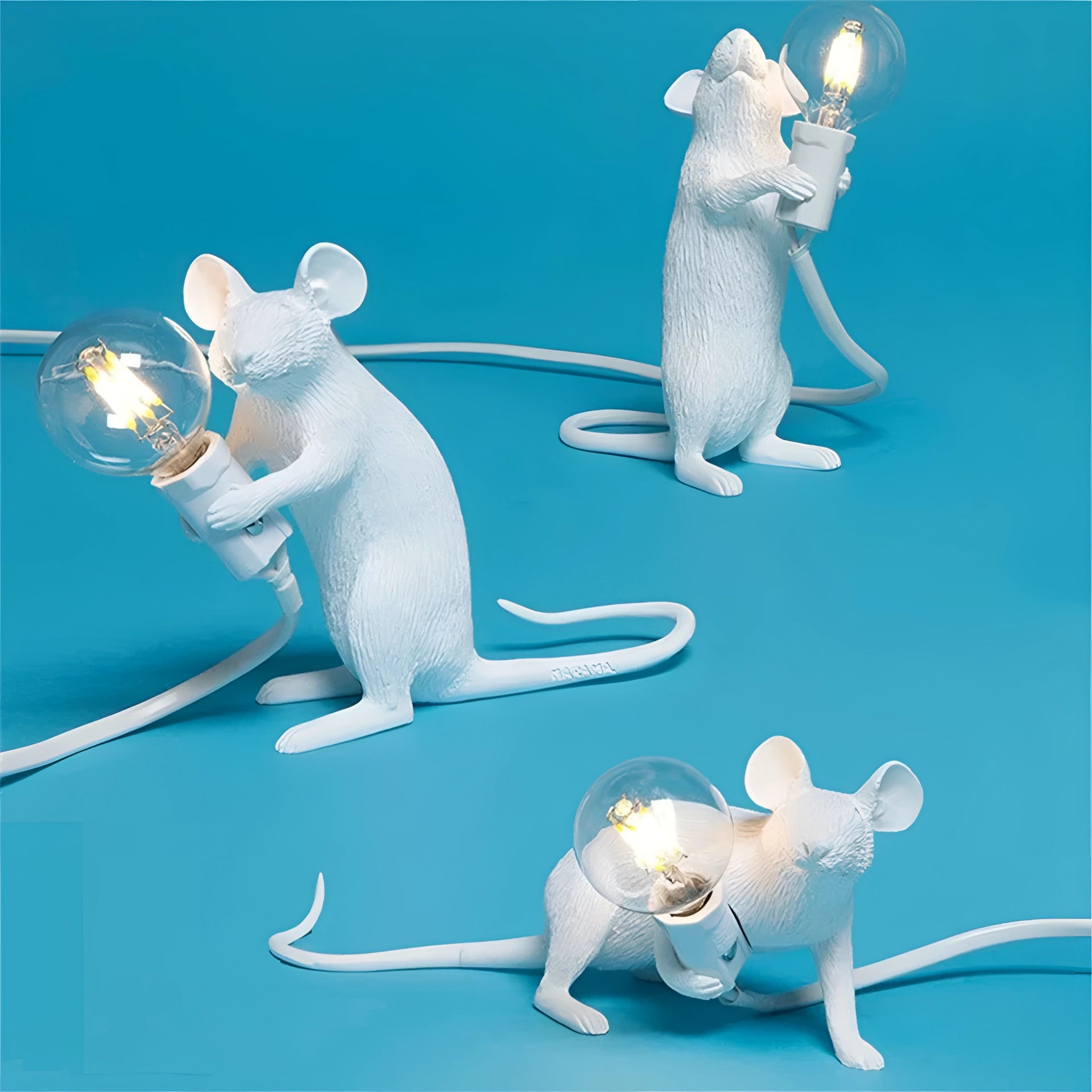 Rat-shaped table lamp designed as a unique animal decor piece, featuring a white mouse with a detailed tail, set against an azure and aqua background.