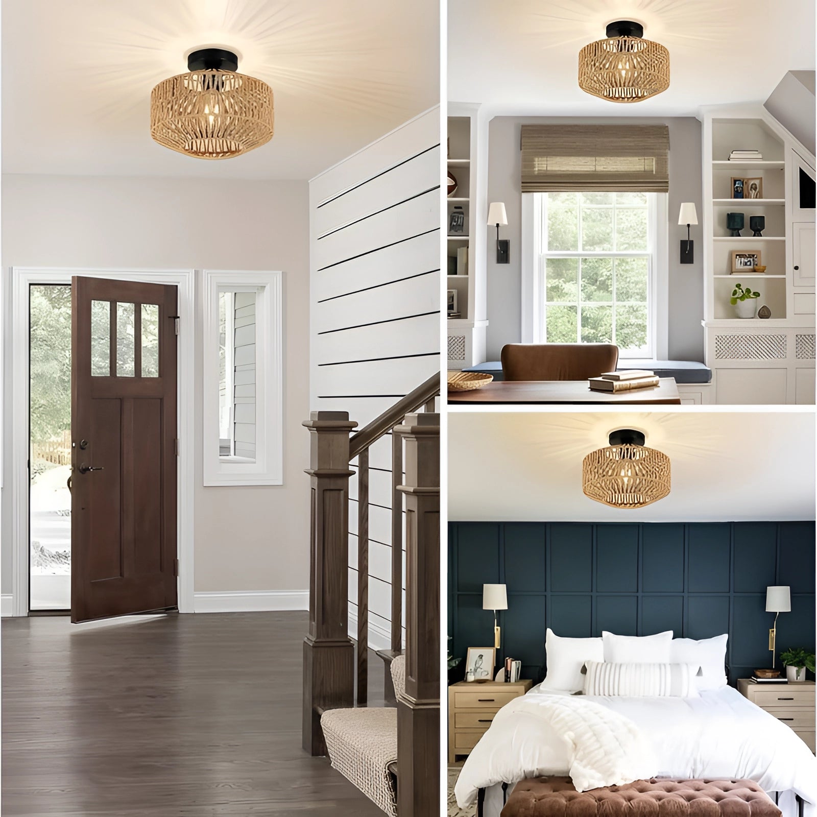 Rattan Bohemian Flush Mount Light in a cozy interior setting, showcasing its eco-friendly design with a natural wood finish, casting warm yellow lighting across the ceiling.