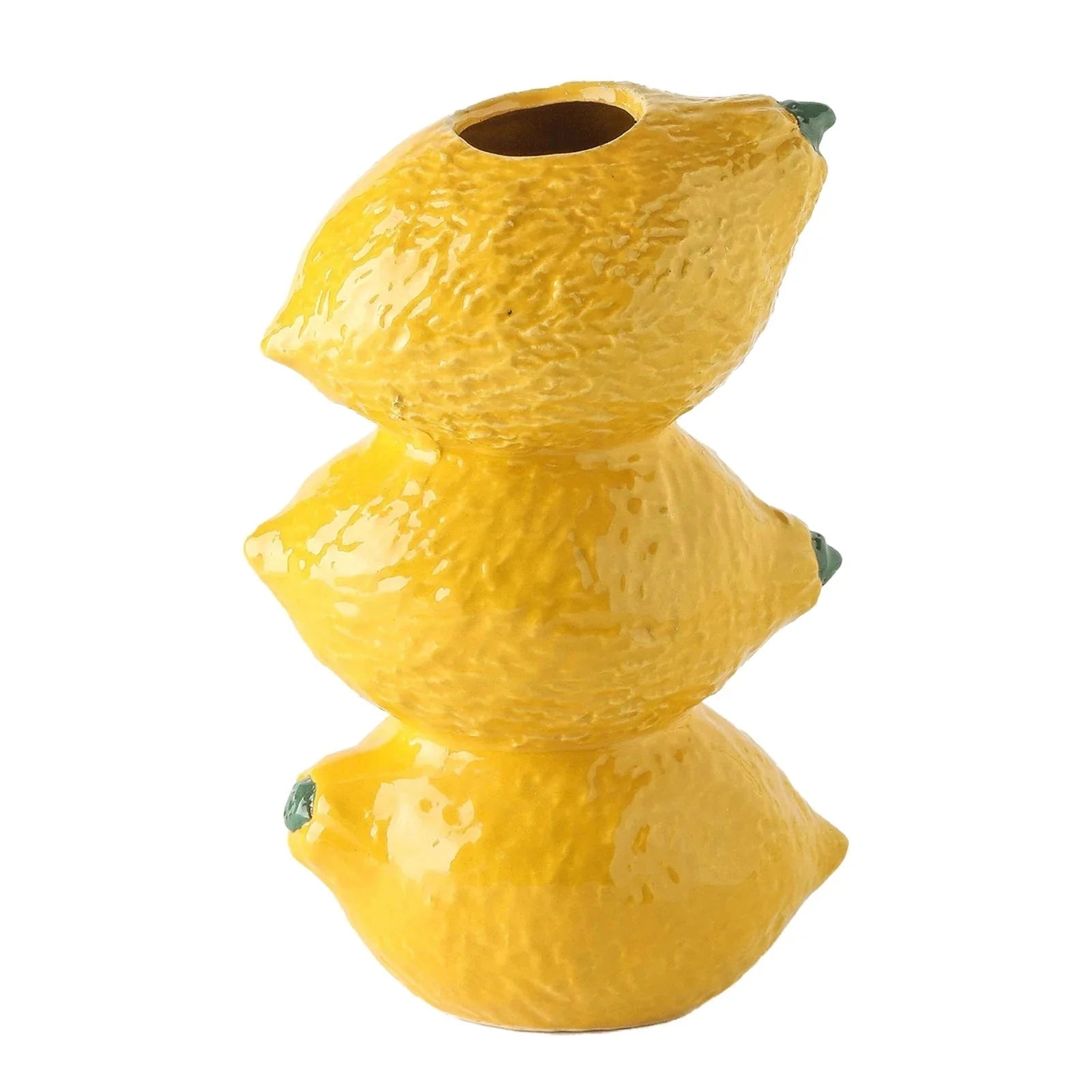 A unique yellow ceramic vase designed in the shape of a strawberry, ideal for adding a playful, fruit-themed touch to home decor.
