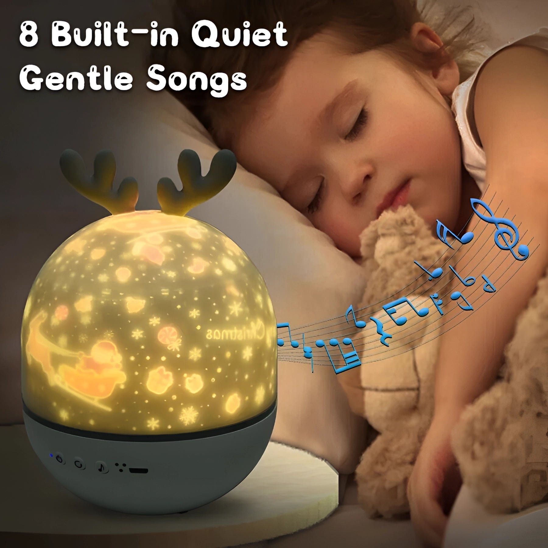 Reindeer-shaped night light with dimmable LED, musical star projector, and remote control, perfect for toddlers' comfort and baby room decor.