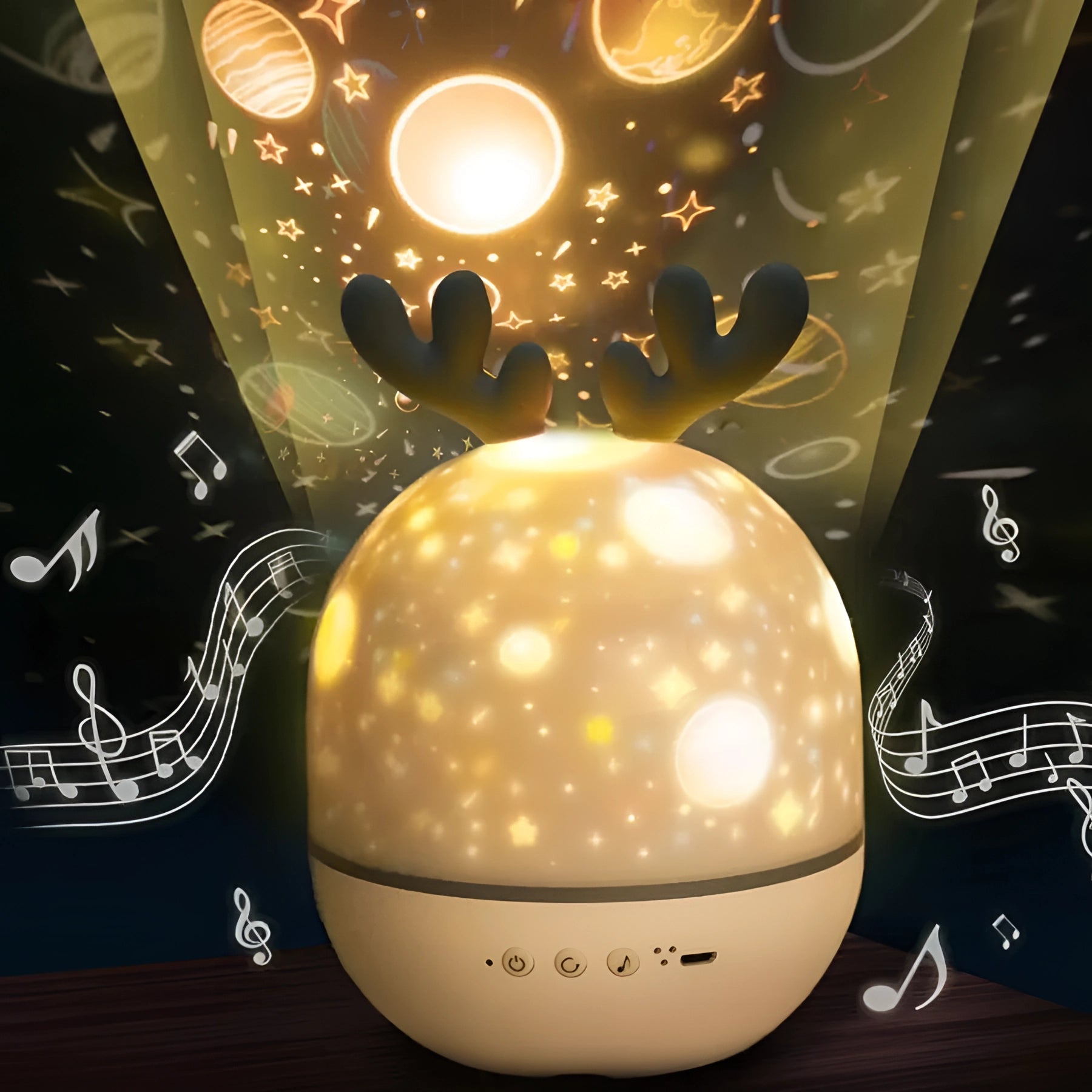 Reindeer-shaped night light with a musical star projector, dimmable LED lights, and remote control.