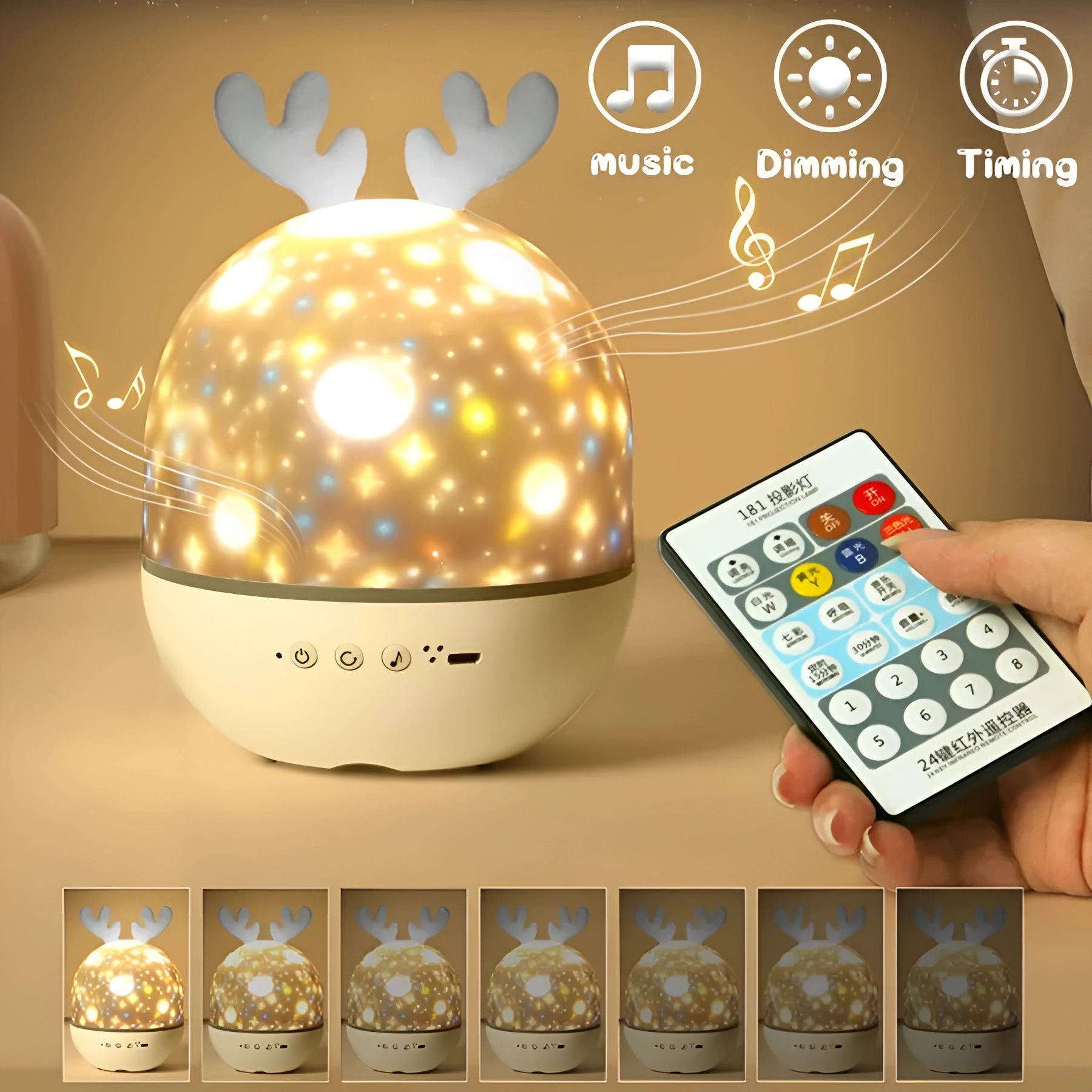 Reindeer Night Light - Musical Star Projector with Remote Control, Dimmable LED, featuring a yellow light and circular design.