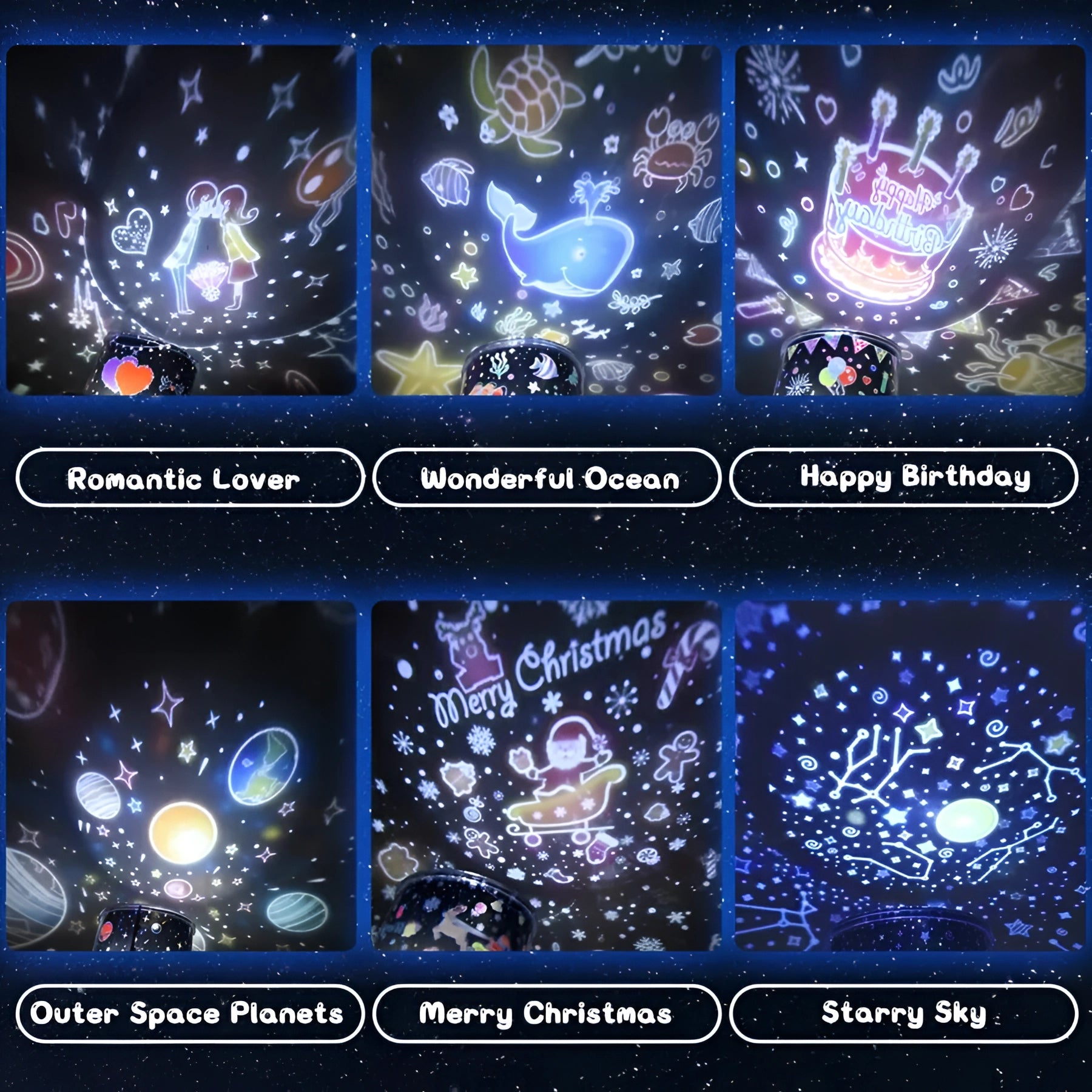 Reindeer night light featuring a musical star projector with remote control, dimmable LED, set against a dark background showcasing a galaxy of stars.