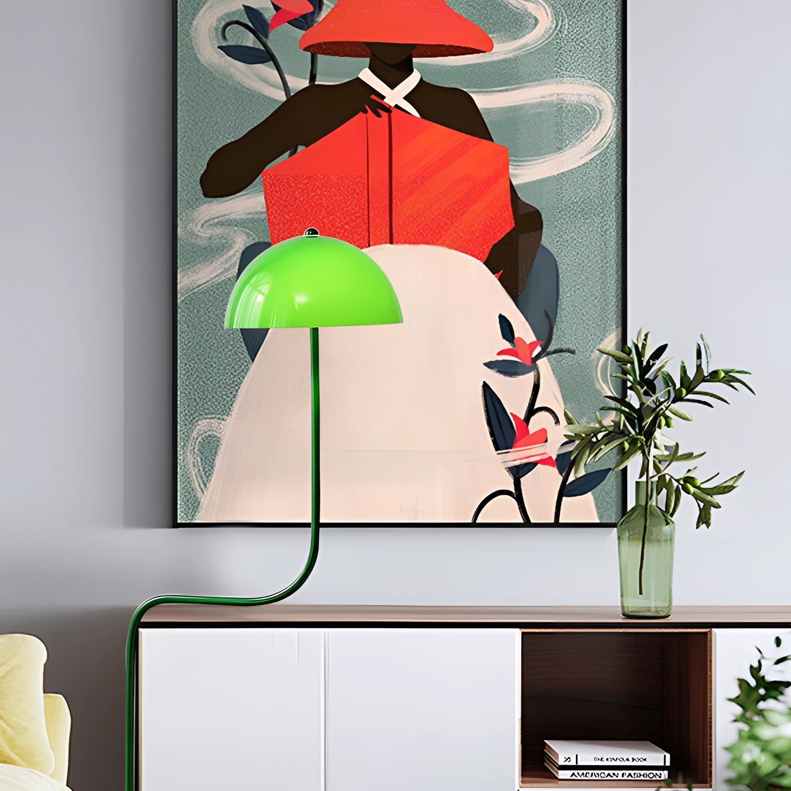 Elegant retro art deco green brass floor lamp standing in a room, complemented by nearby houseplants and decor elements.