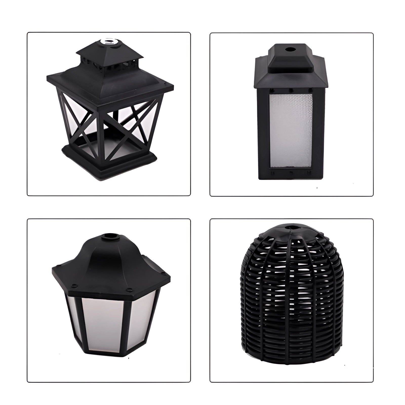 Retro industrial metal cage string lights displayed outdoors, featuring a weatherproof design with a series of white light bulbs encased in black metal cages, casting a warm glow in a linear arrangement.