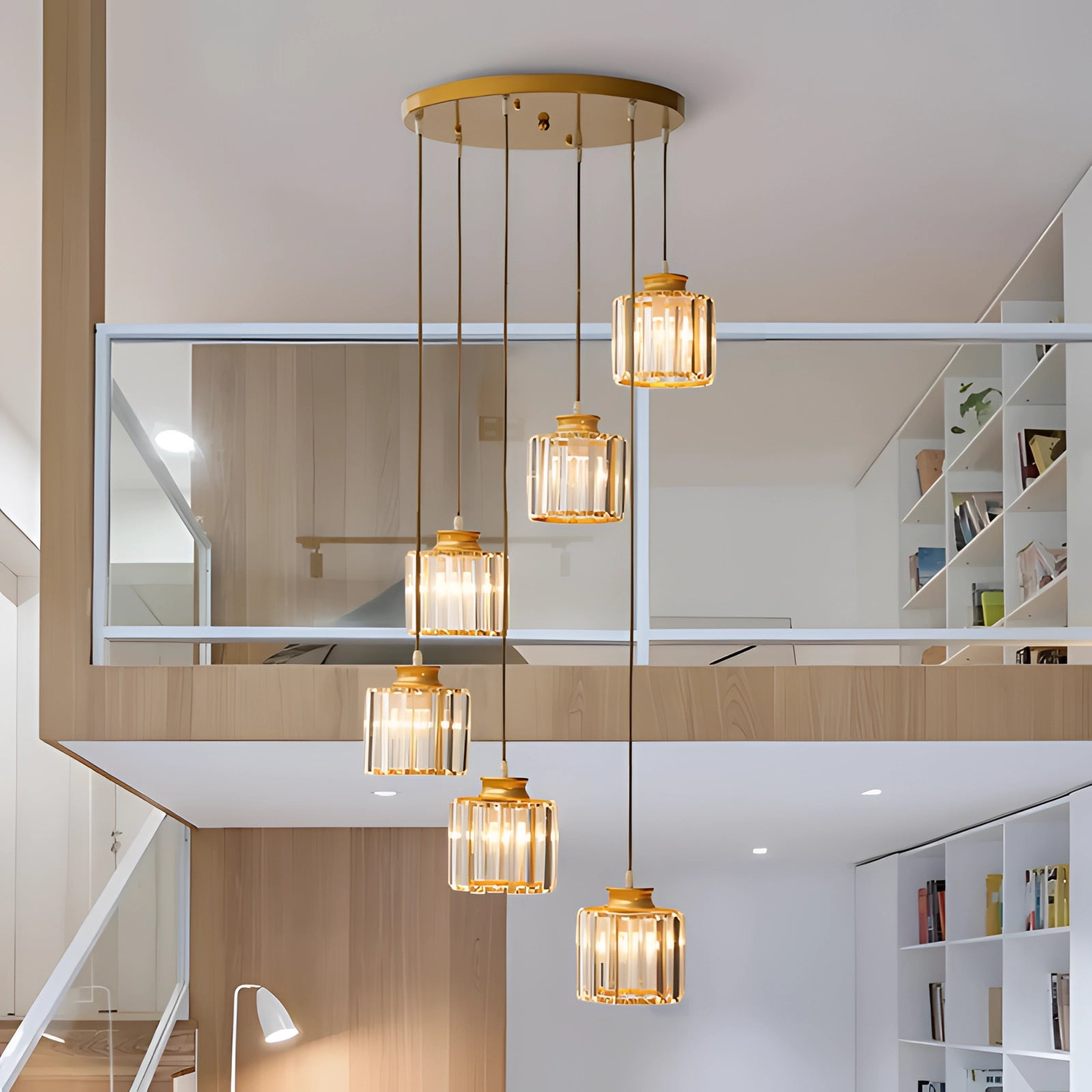 Ribbed glass multi-light pendant with a bronze finish, featuring an adjustable cluster design, hanging from a ceiling.