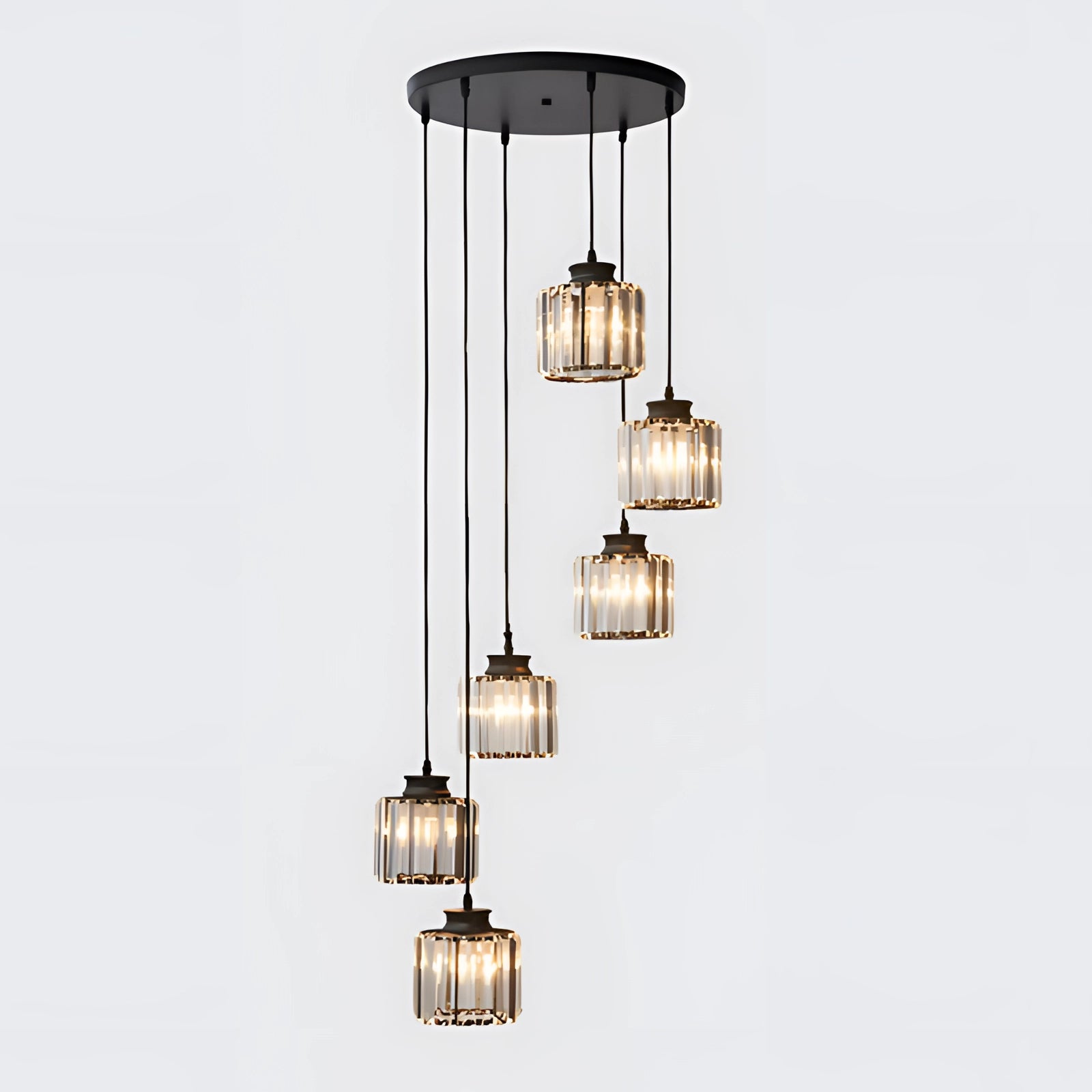 Ribbed glass multi-light pendant featuring six bronze adjustable cluster lamps with a sleek black finish, suspended from the ceiling.