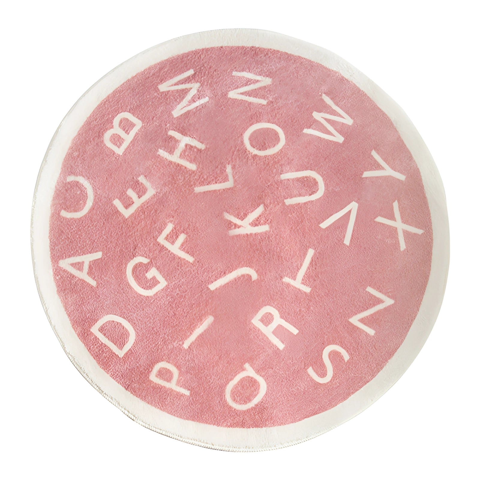 Round pink rug with green alphabet letters, designed for educational use in nurseries and playrooms, measuring 80 x 80 cm.