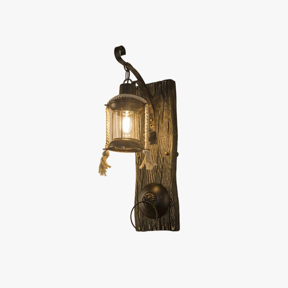 Rustic nautical lantern with a vintage sconce design featuring a rectangular wooden and metal frame, ideal for coastal decor and interior design.