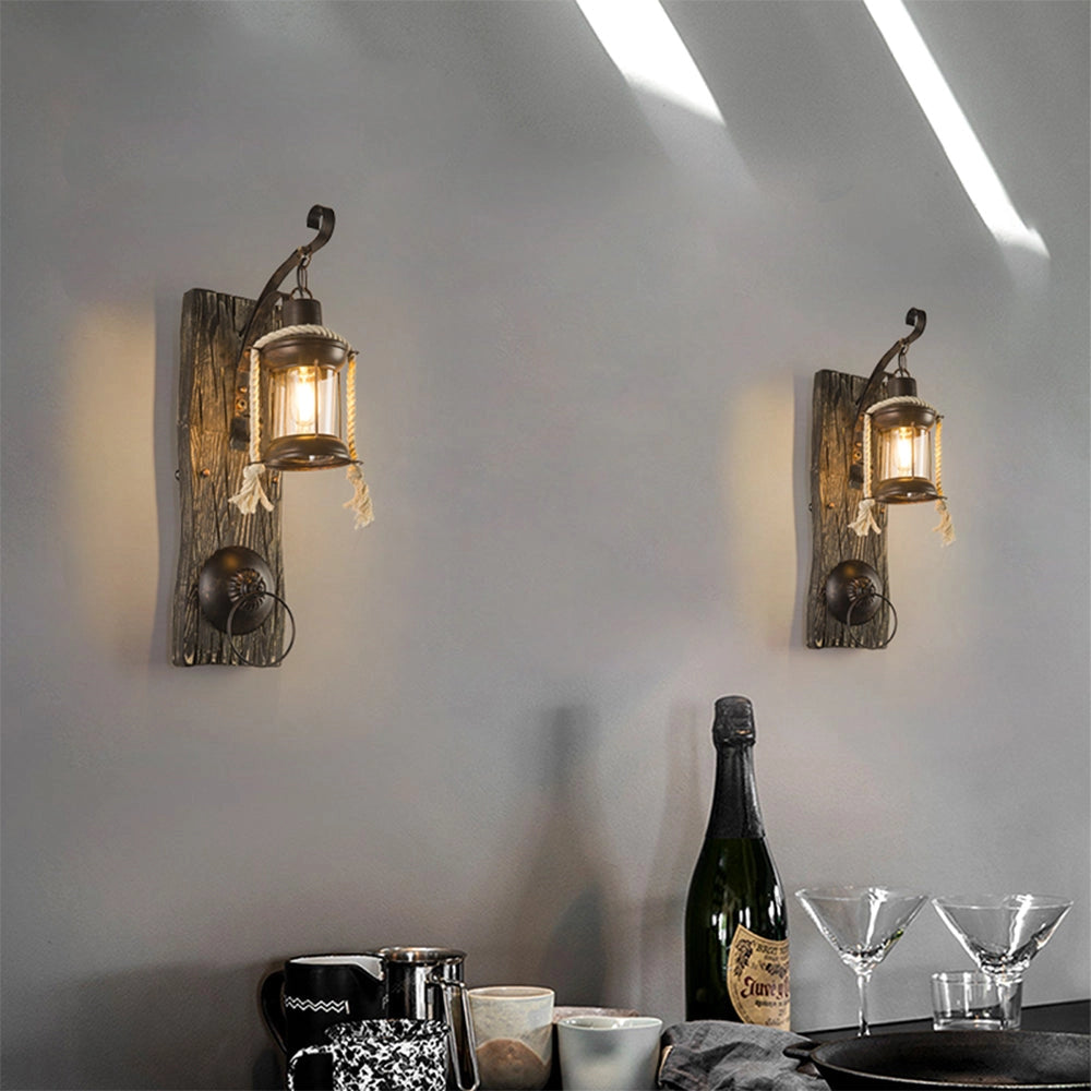 Rustic nautical lantern featuring a vintage sconce design, suitable for coastal decor, measuring 21.7 inches, displayed in an interior setting with a wooden wall and complementary tableware.