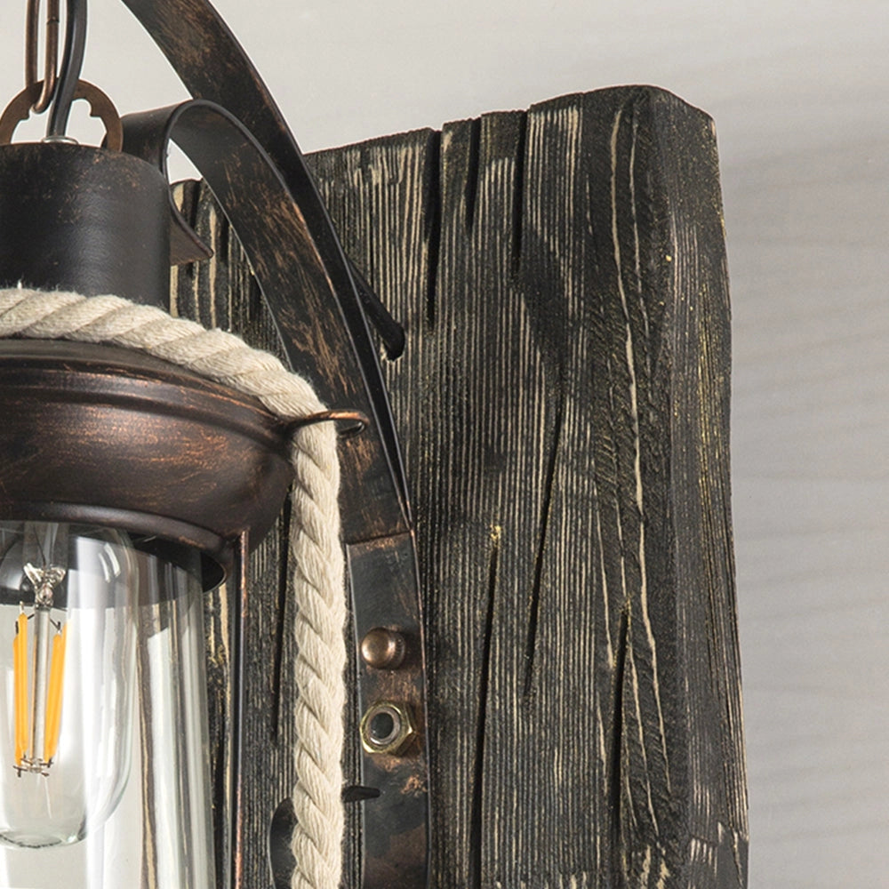 Rustic nautical lantern styled as a vintage sconce with a wood finish, ideal for enhancing coastal decor themes.