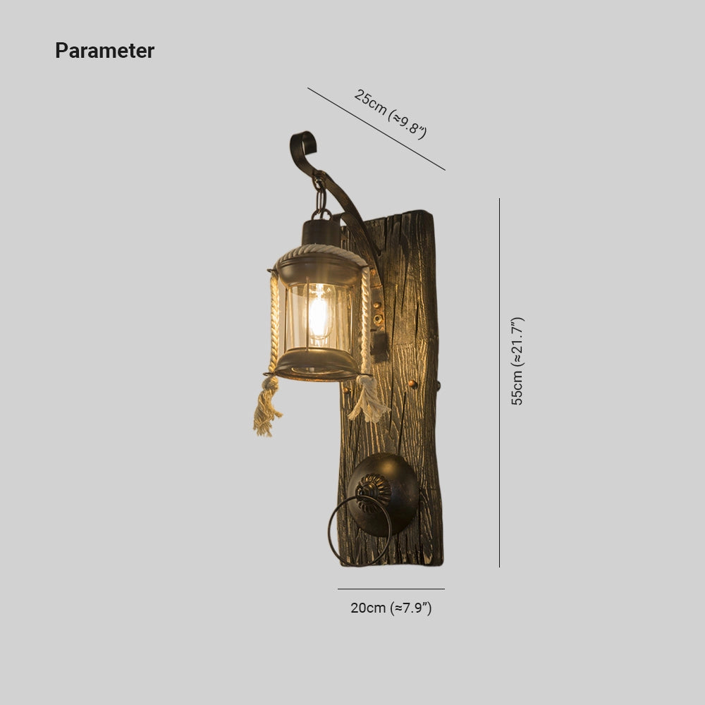 Rustic nautical lantern with vintage design, featuring a rectangular metal and wood frame with a bronze finish, ideal as a sconce for coastal decor.