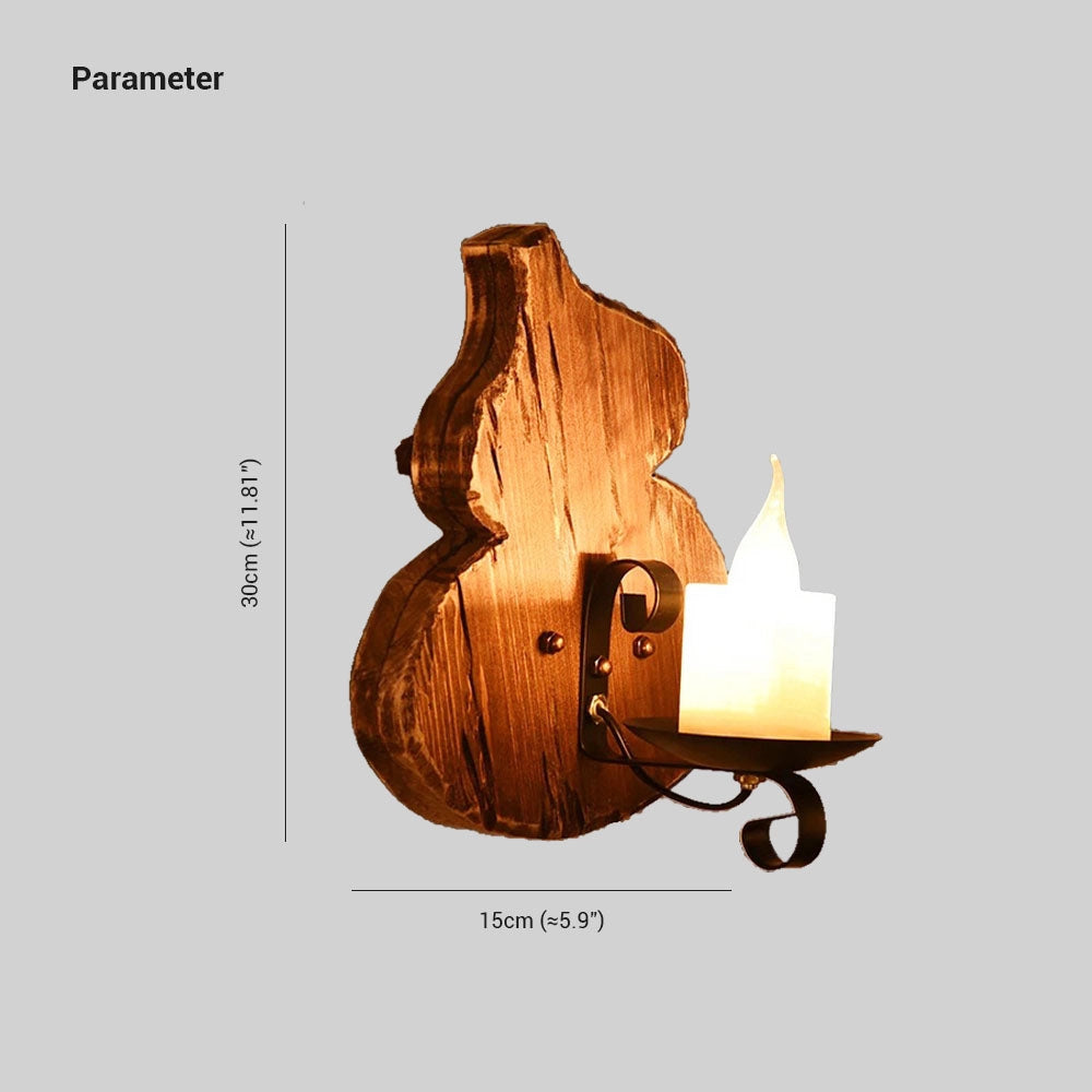 Rustic wall sconce featuring a wooden candle holder and vintage cello lamp design, showcasing an artful blend of a lamp and candle illumination with a wood finish.