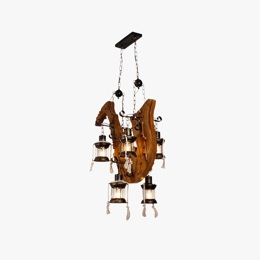 Rustic wooden wheel chandelier with vintage farmhouse design, featuring a circular wooden frame and multiple light bulbs, creating a charming and warm ambiance.