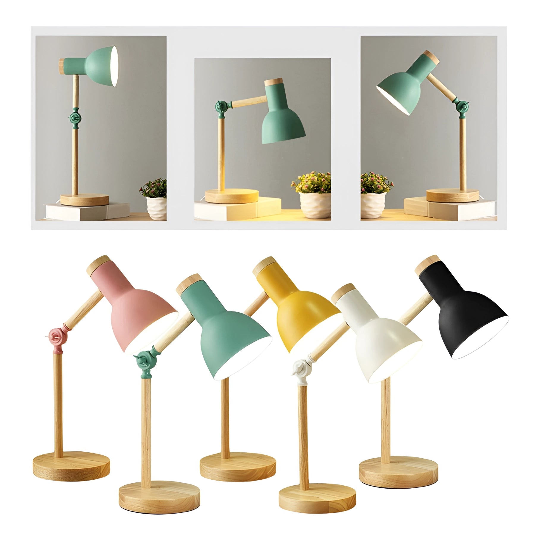 Scandinavian adjustable wooden desk lamp with a minimalist black shade, featuring a modern LED light design.