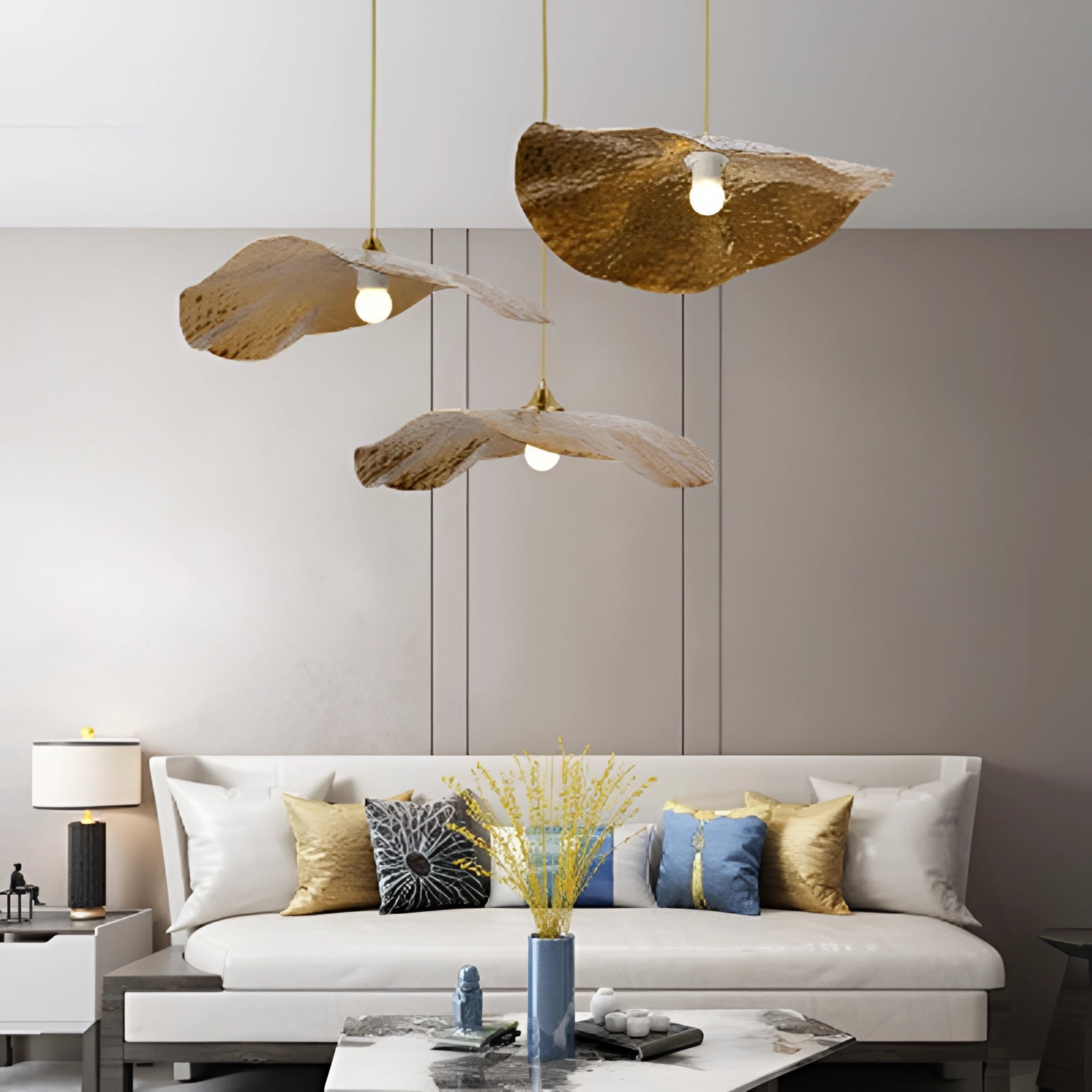 Scandinavian eco-friendly wooden pendant light with a minimalist design, featuring a rectangular shape and a warm yellow glow, illuminating a modern white interior with furniture.