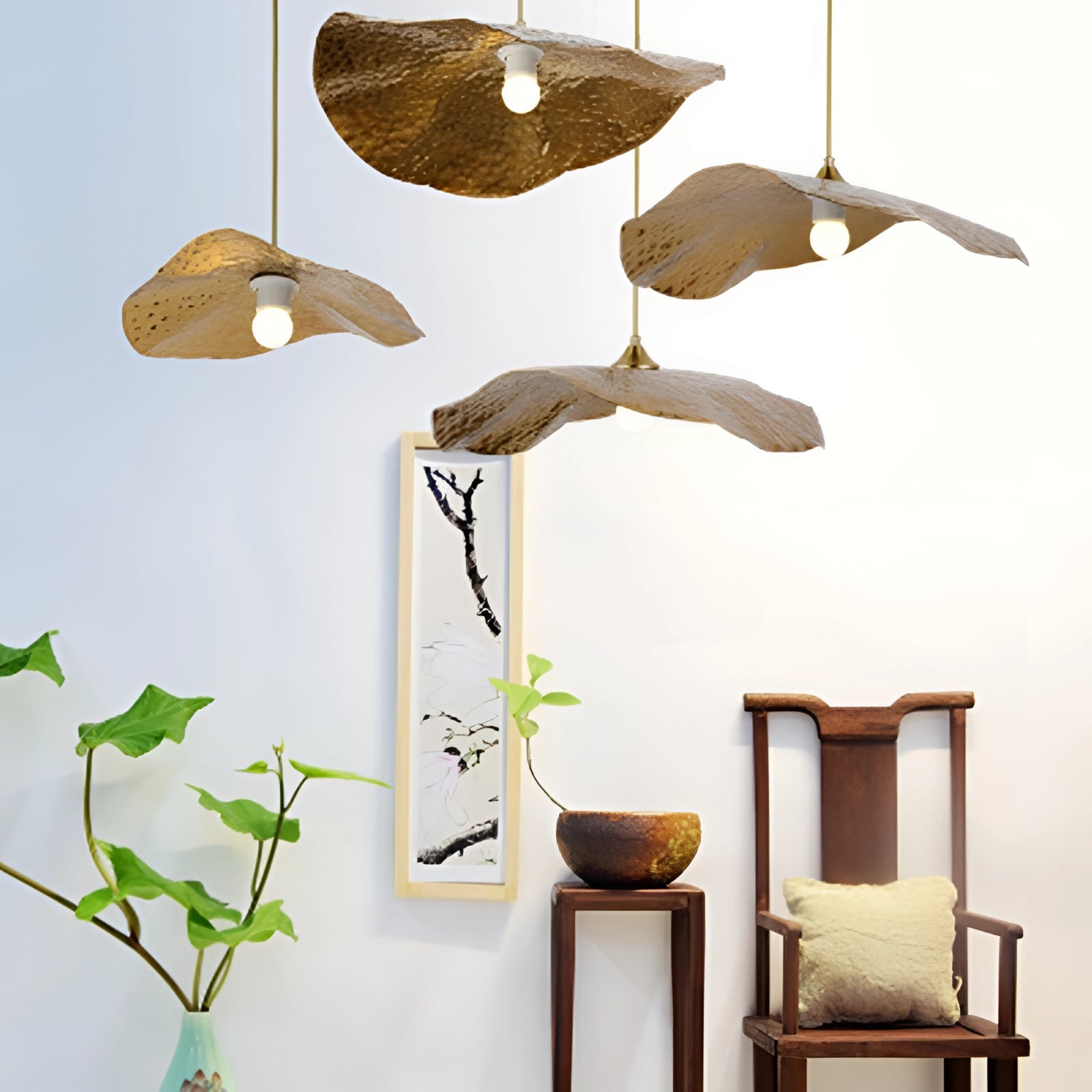 Scandinavian eco-friendly wooden pendant light with a minimalist design hanging from the ceiling in a modern room, surrounded by houseplants and contemporary decor elements.