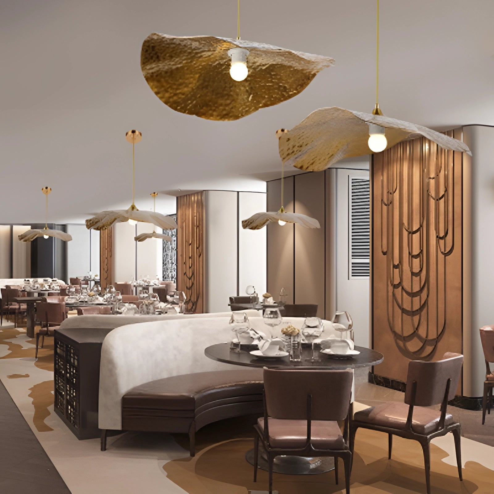 Scandinavian eco-friendly wooden pendant light with minimalist design, hanging above a modern interior space featuring a wooden floor and furniture including a table and chairs.