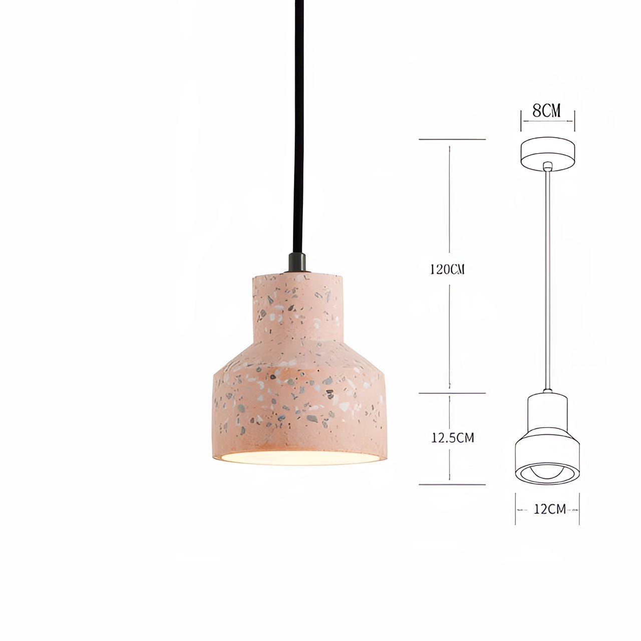 Modern minimalist Scandinavian Terrazzo pendant light in a large pink variant, featuring a terrazzo texture with subtle peach and beige tones. The light is suspended from a metal fixture, showcasing a contemporary design ideal for interior decor.