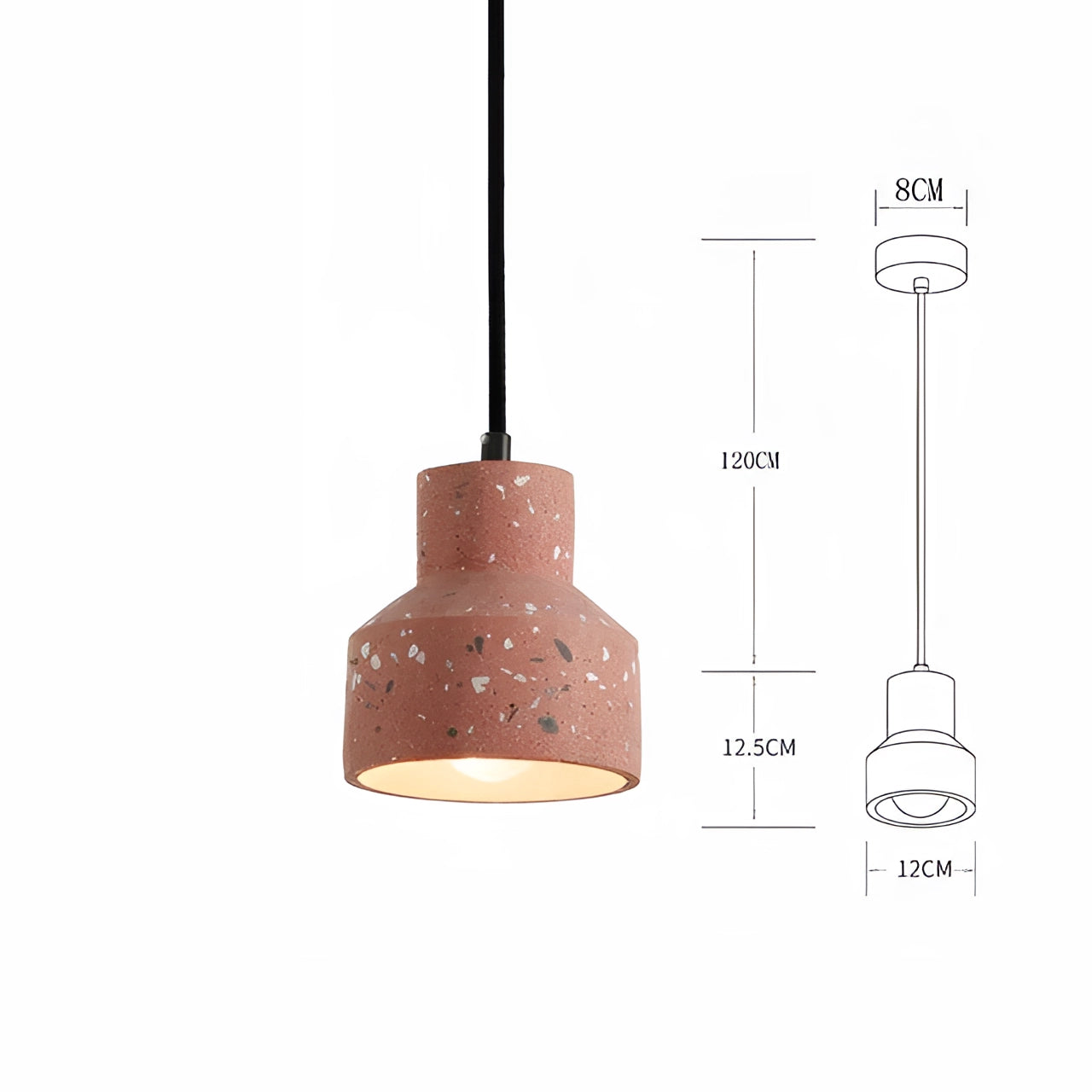 Large red Scandinavian terrazzo pendant light with a modern minimalist design, featuring a wooden and metal structure.