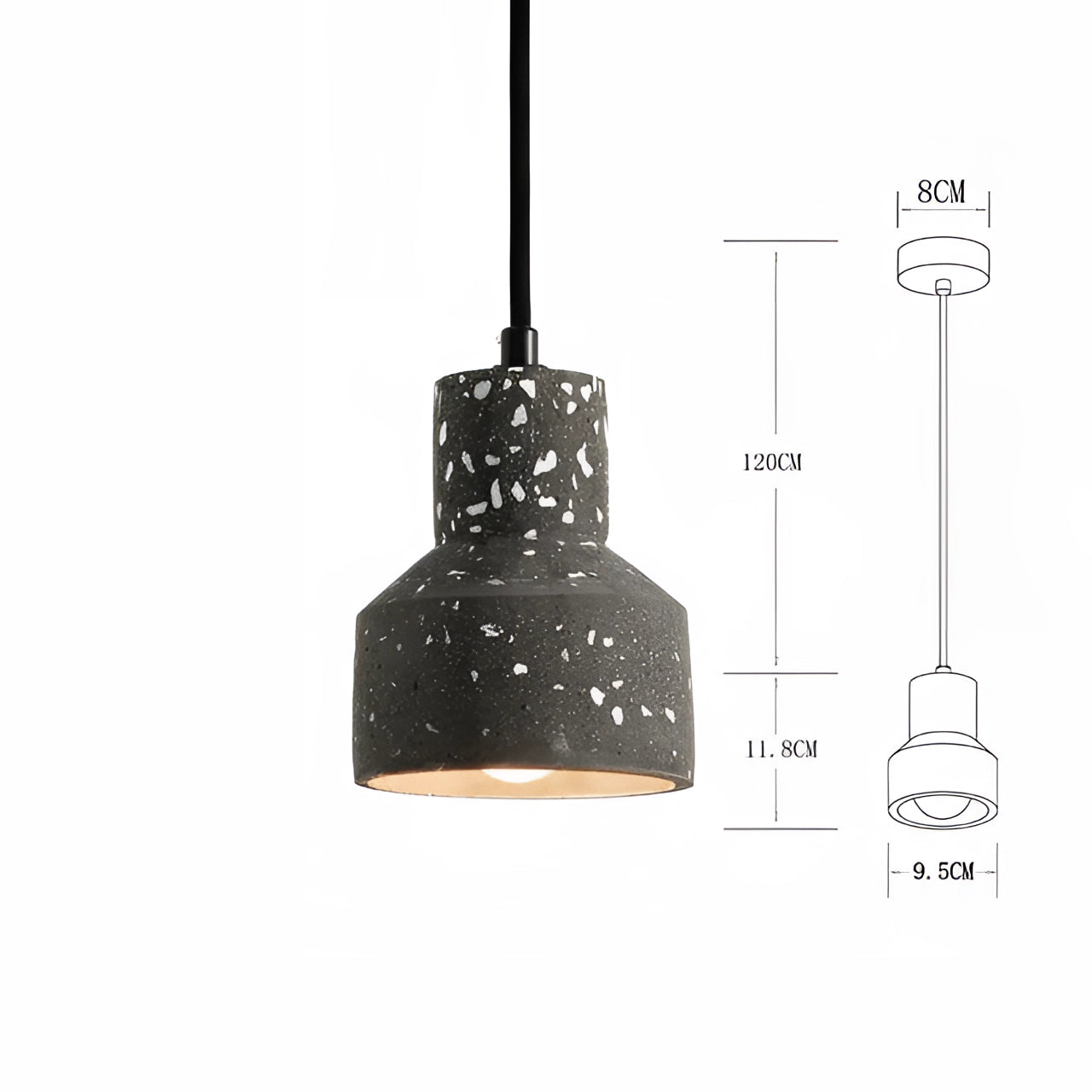 Scandinavian Terrazzo Pendant Light in black, small size, featuring a modern minimalist design with a sleek geometric shape, captured in a still life setup highlighting its elegant artistry and subtle use of wood accents.