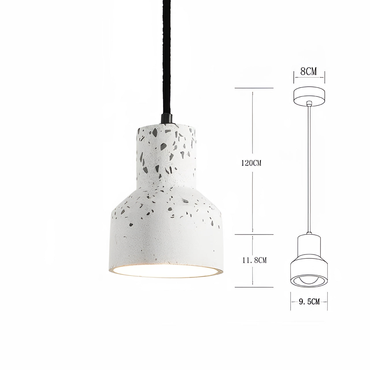 Modern minimalist white small Scandinavian Terrazzo pendant light with a sleek cylindrical design, hanging against a neutral background, showcasing a sophisticated and stylish lighting fixture ideal for contemporary interiors.