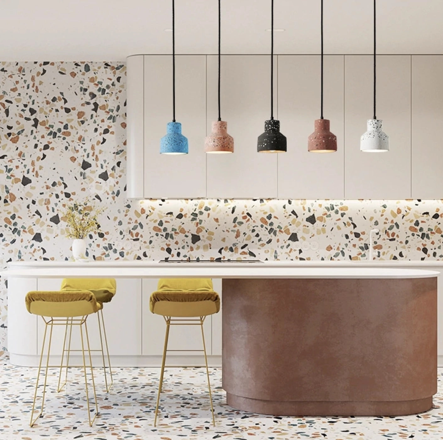 Scandinavian Terrazzo Pendant Light in a modern minimalist design, featuring a sleek grey finish, hanging in a stylish interior setting with wooden elements and contemporary furniture.