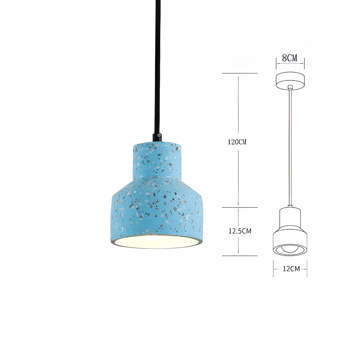 Scandinavian Terrazzo Pendant Light in large size with a modern minimalist design, featuring a blue cylindrical shade with terrazzo pattern and metal accents.