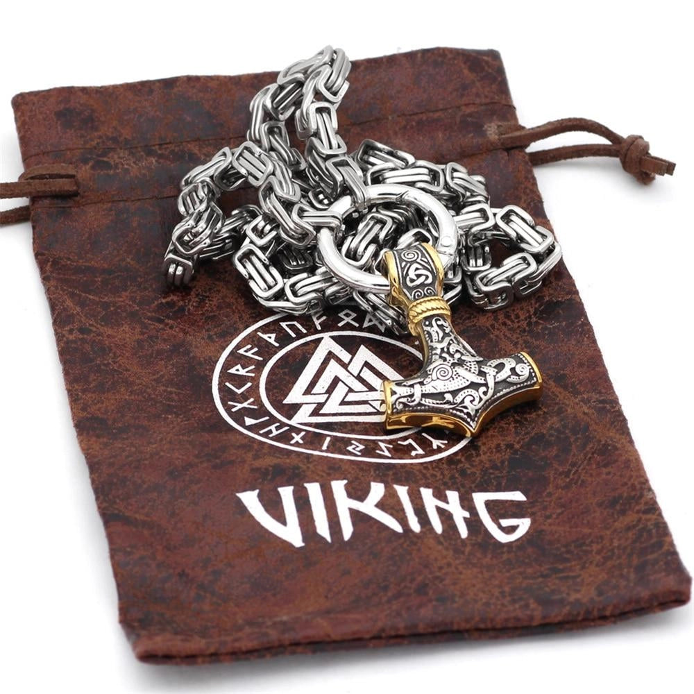 Silver Viking Wolf Head & Mjolnir Pendant featuring intricate Norse designs, showcasing a detailed wolf head alongside the iconic Thor's hammer, crafted for men's jewelry.
